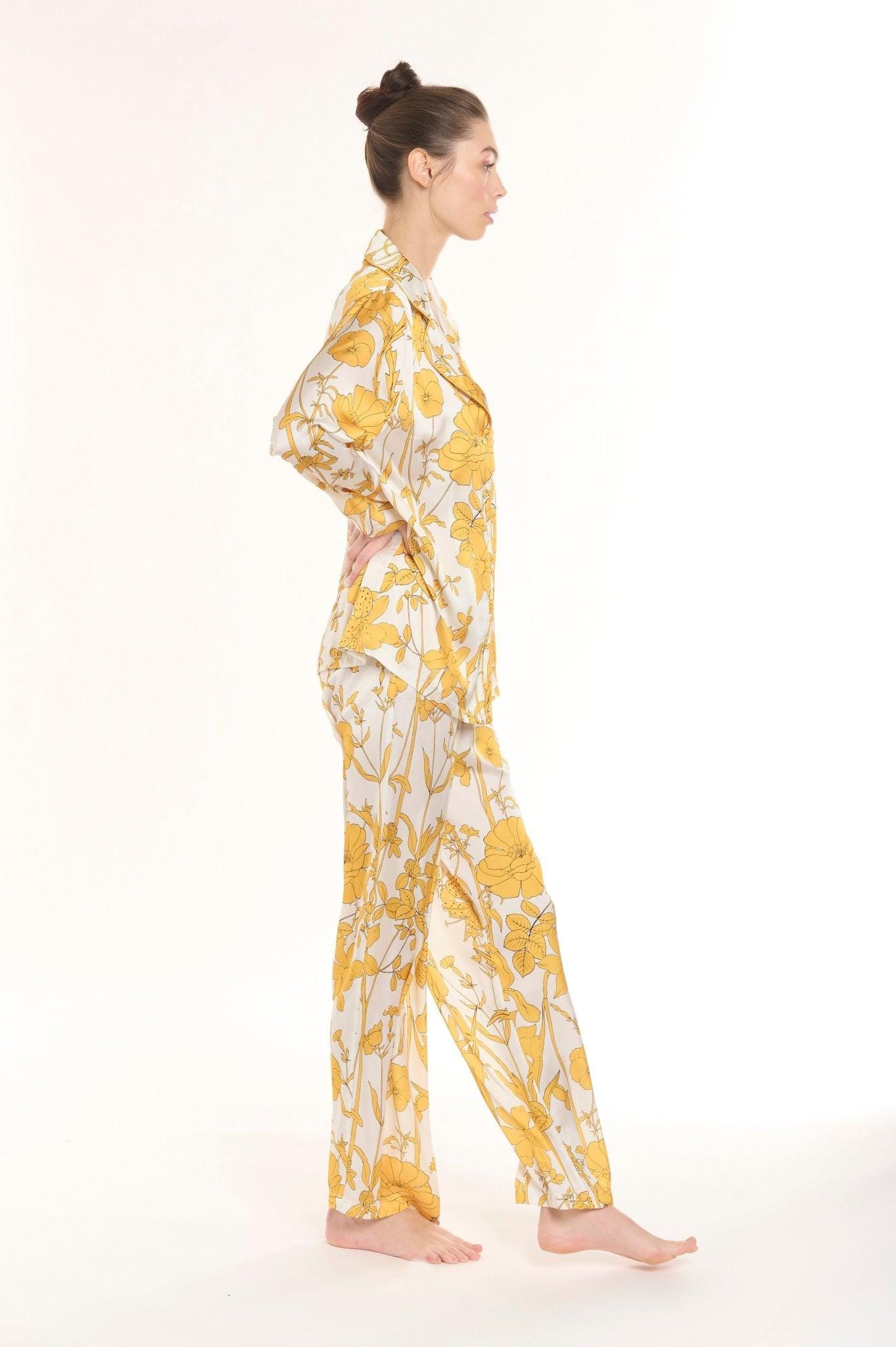 Aurelia - Elegant Cream Floral Satin Pajama Set - NOWIHT - Pajama Set