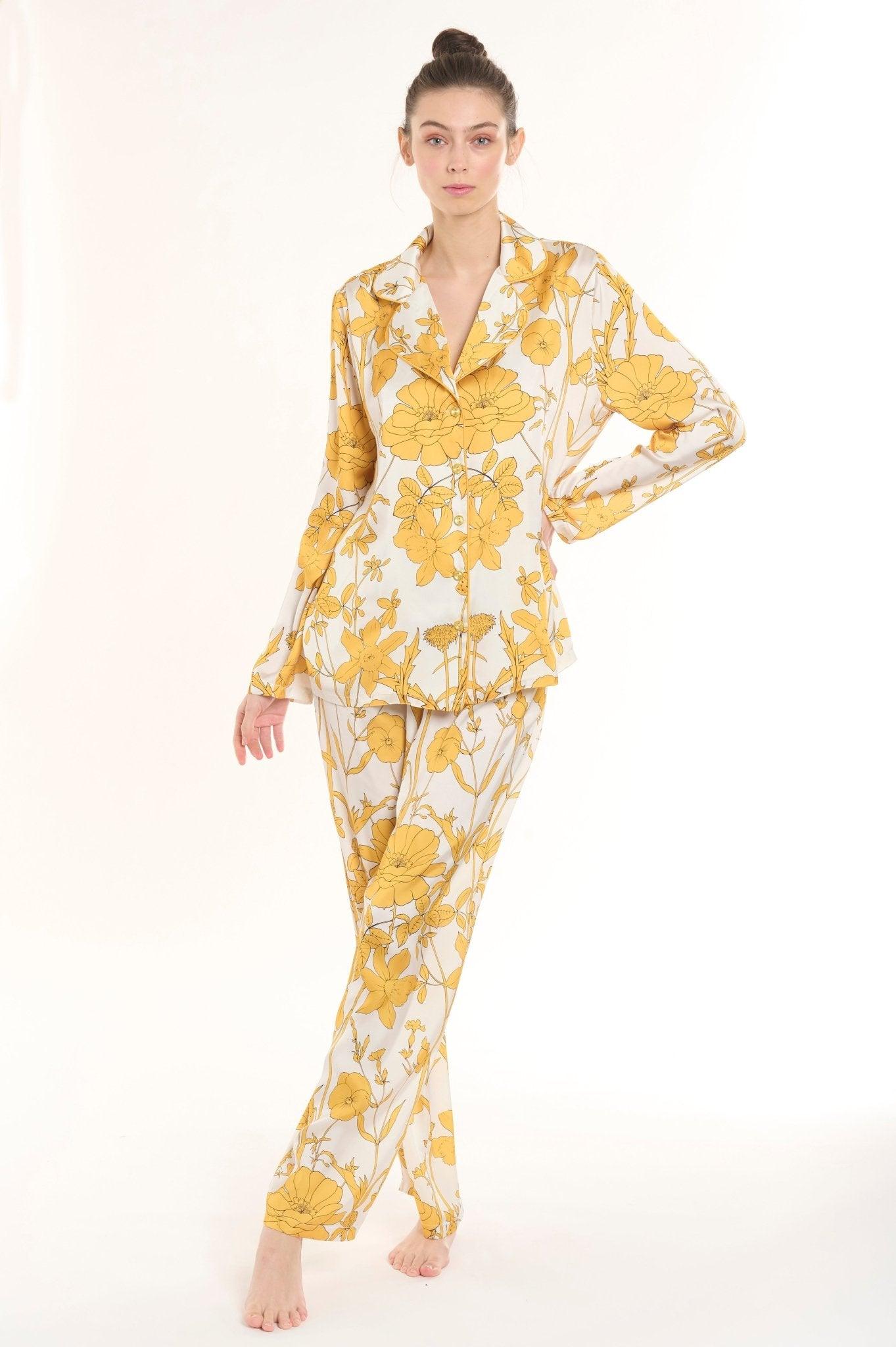 Aurelia - Elegant Cream Floral Satin Pajama Set - NOWIHT - Pajama Set