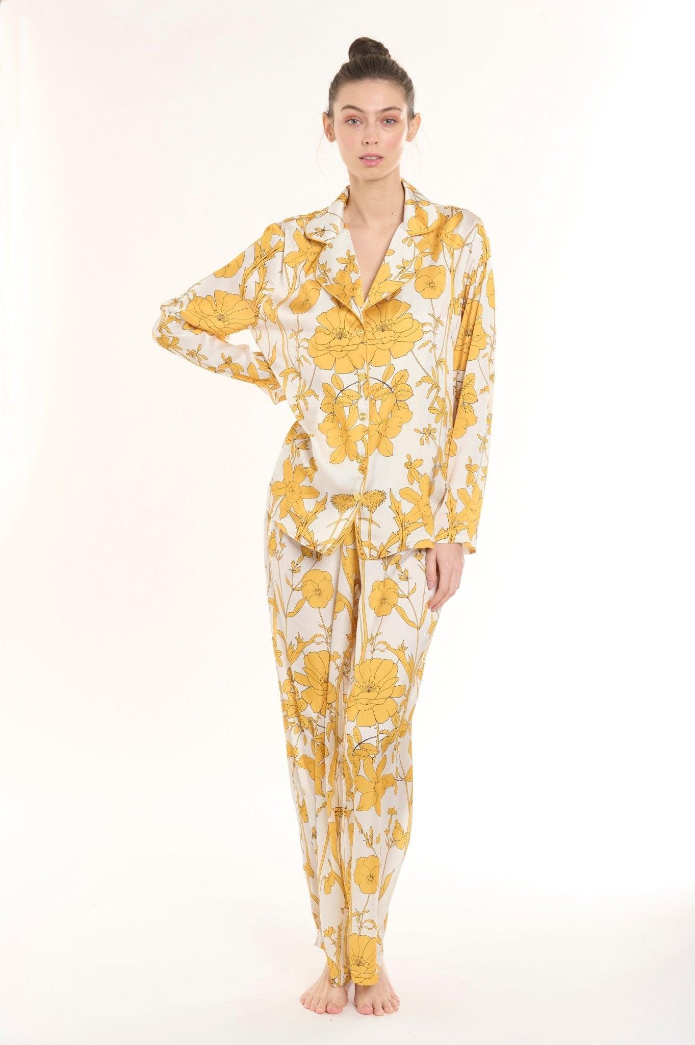 Aurelia - Elegant Cream Floral Satin Pajama Set - NOWIHT - Pajama Set