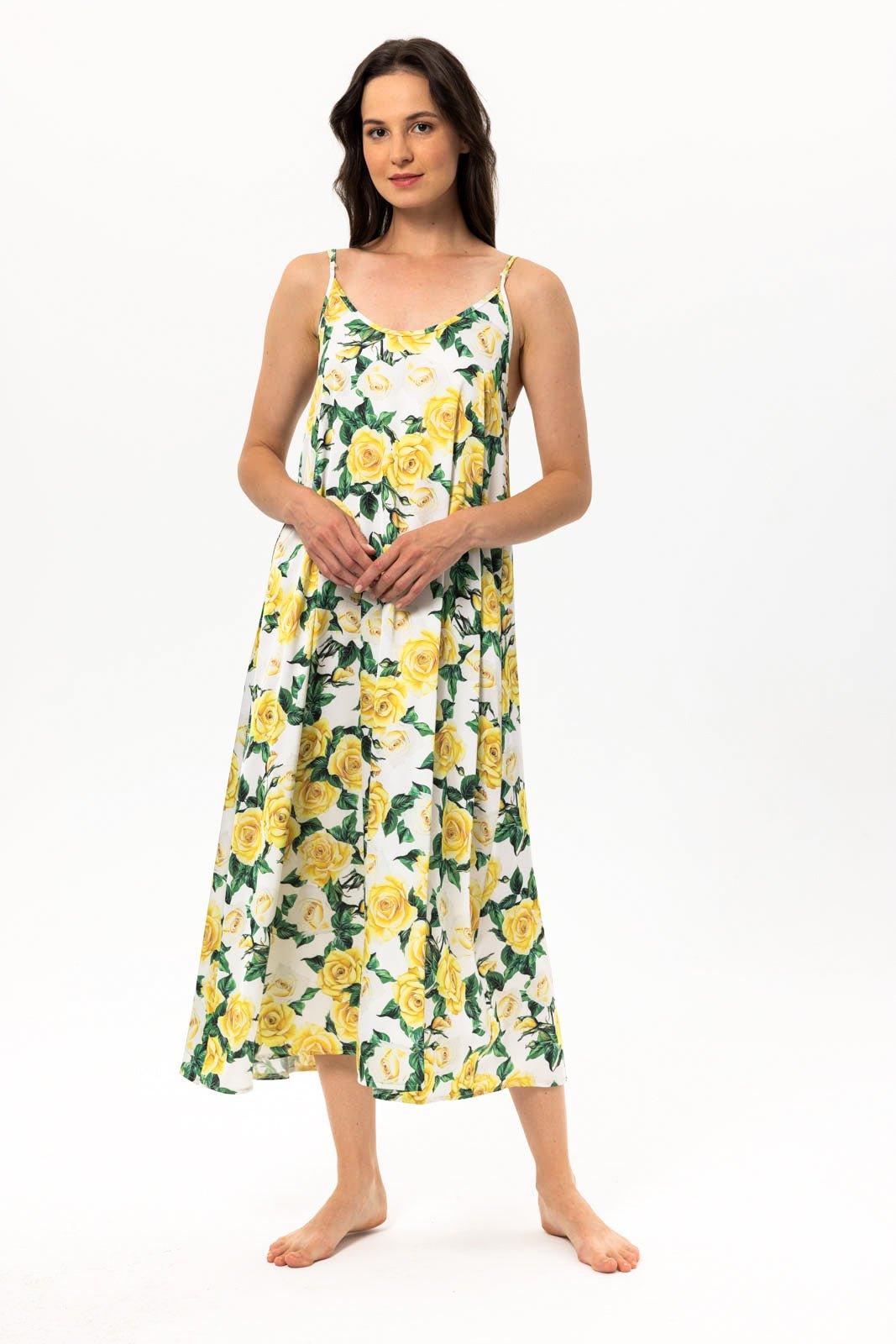 Aurelle - Yellow Floral Satin Nightgown - NOWIHT - Nightgowns