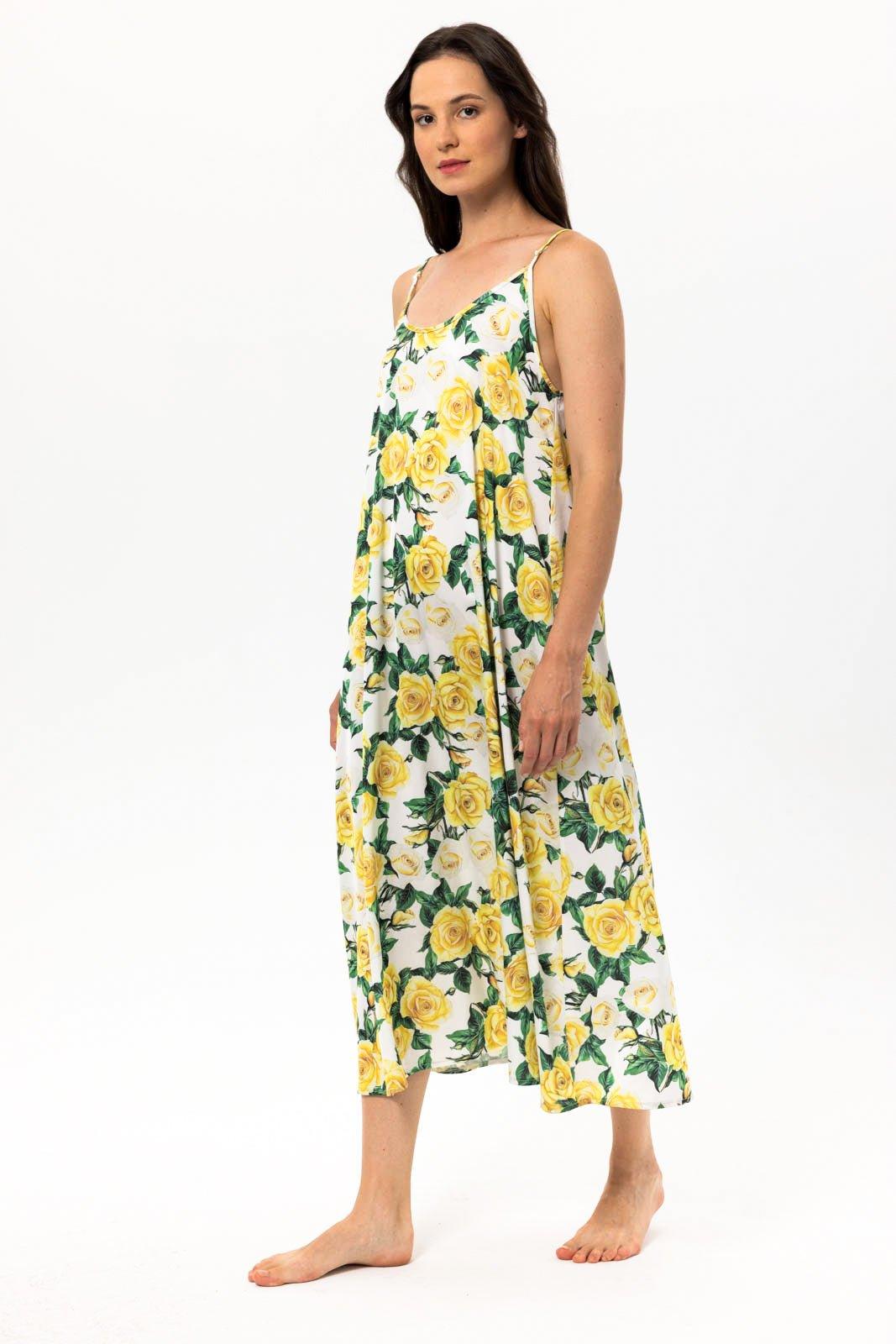 Aurelle - Yellow Floral Satin Nightgown - NOWIHT - Nightgowns