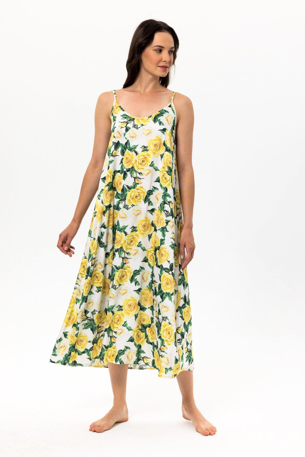 Aurelle - Yellow Floral Satin Nightgown - NOWIHT - Nightgowns