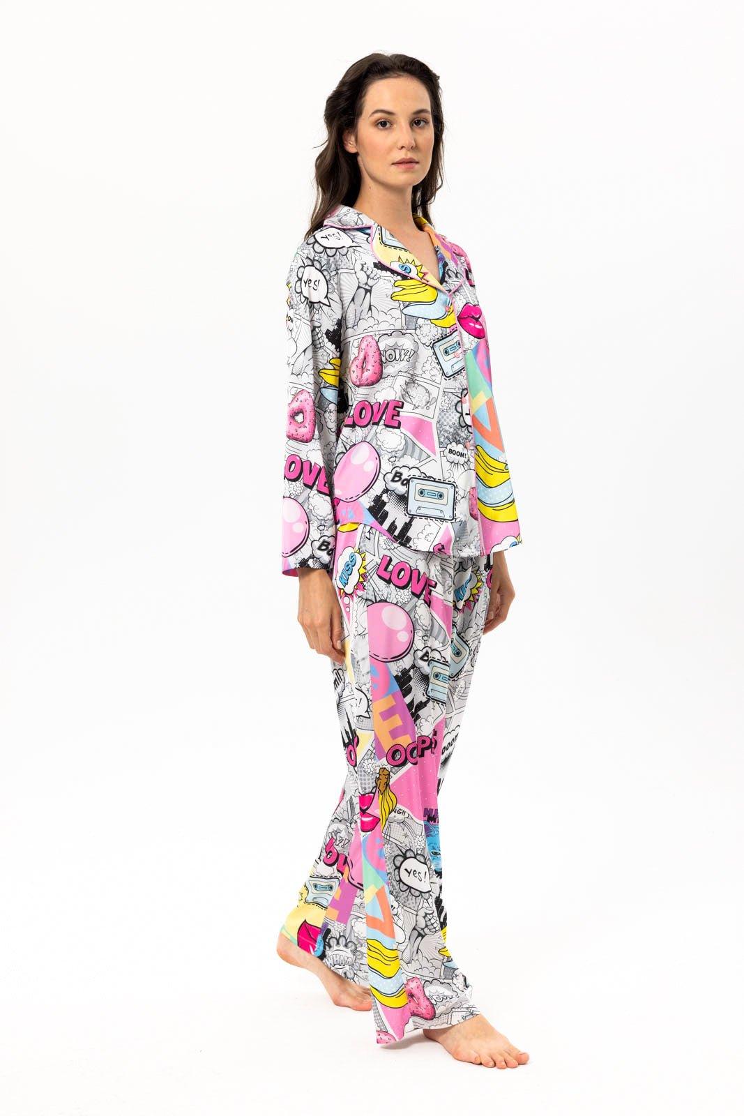 Axellia - Comic Pop Art Satin Pajama Set - NOWIHT - Pajama Set