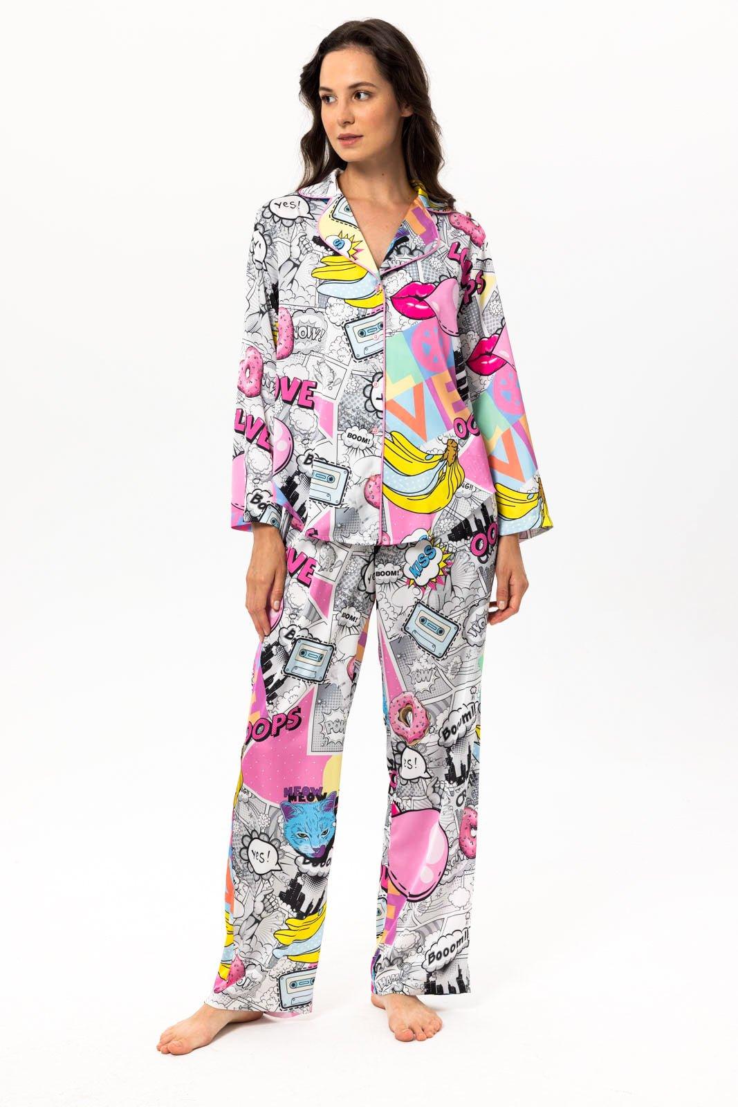 Axellia - Comic Pop Art Satin Pajama Set - NOWIHT - Pajama Set