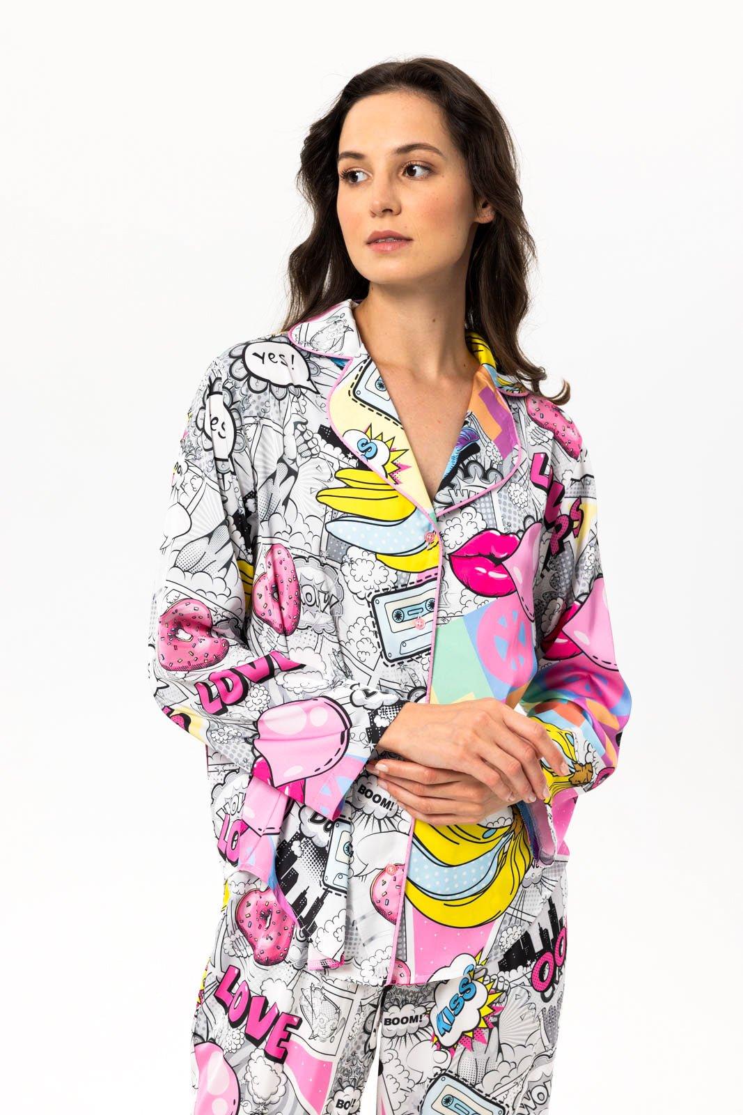 Axellia - Comic Pop Art Satin Pajama Set - NOWIHT - Pajama Set