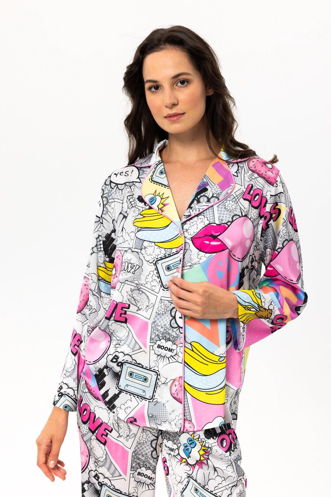 Axellia - Comic Pop Art Satin Pajama Set - NOWIHT - Pajama Set