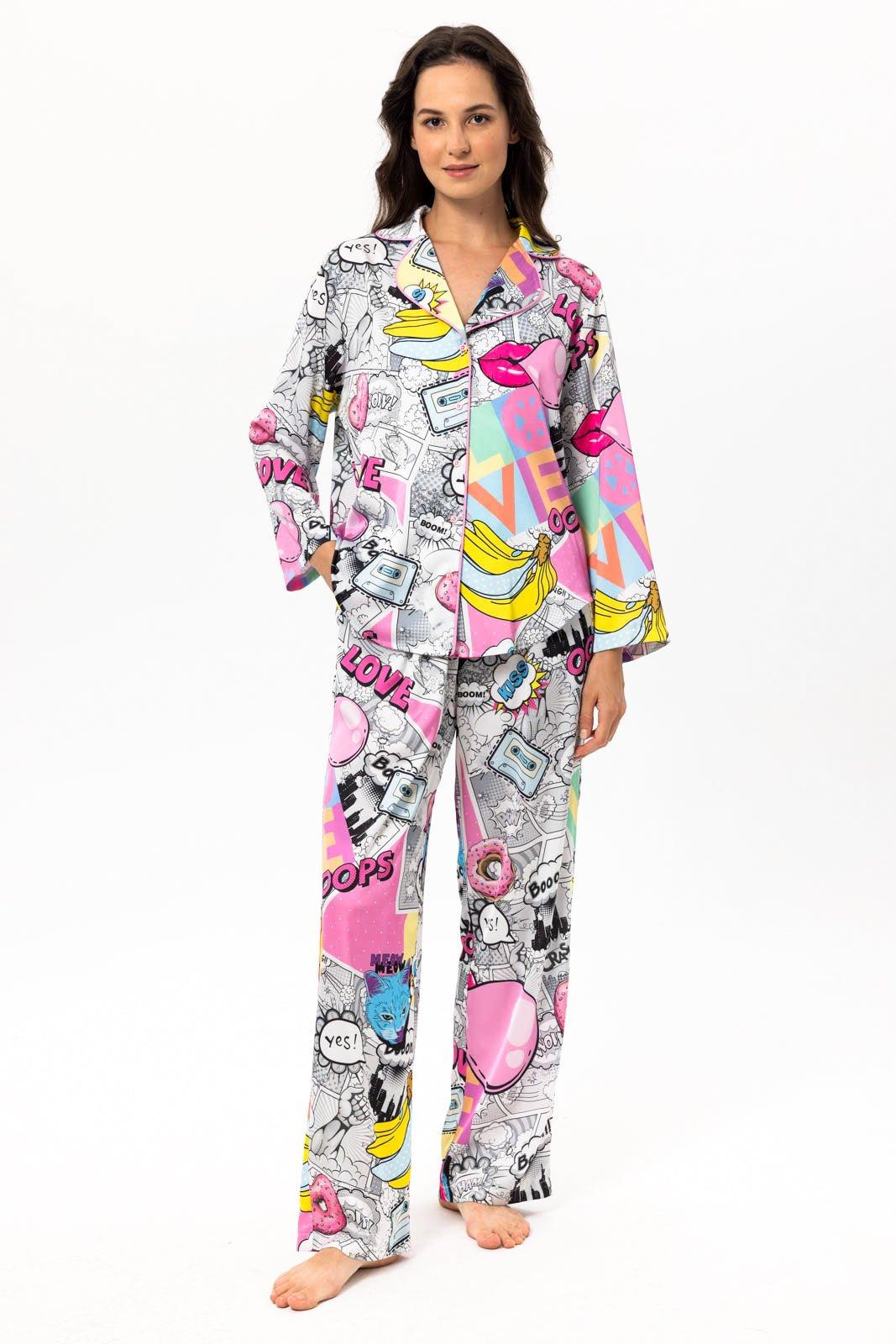 Axellia - Comic Pop Art Satin Pajama Set - NOWIHT - Pajama Set