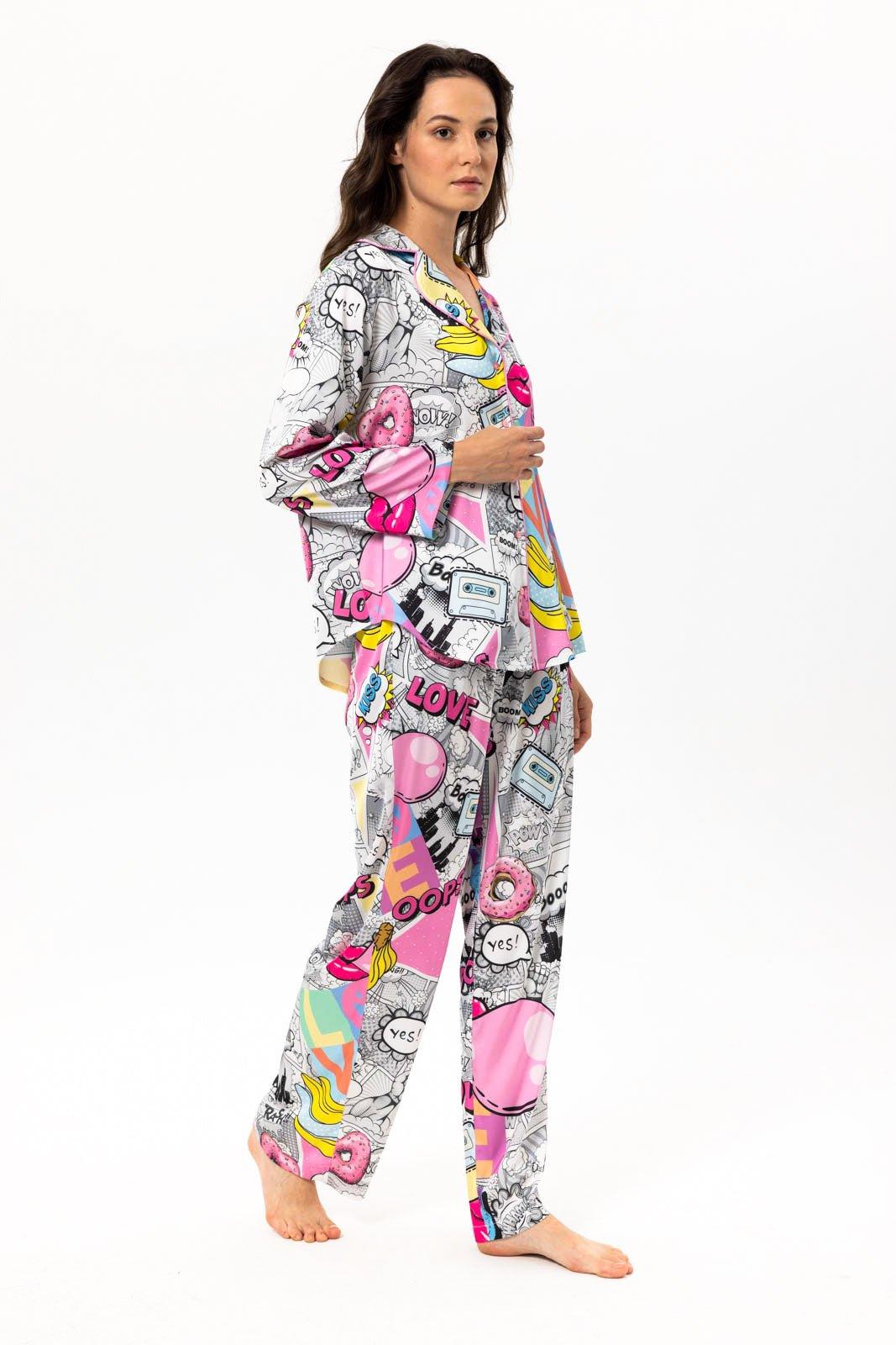 Axellia - Comic Pop Art Satin Pajama Set - NOWIHT - Pajama Set