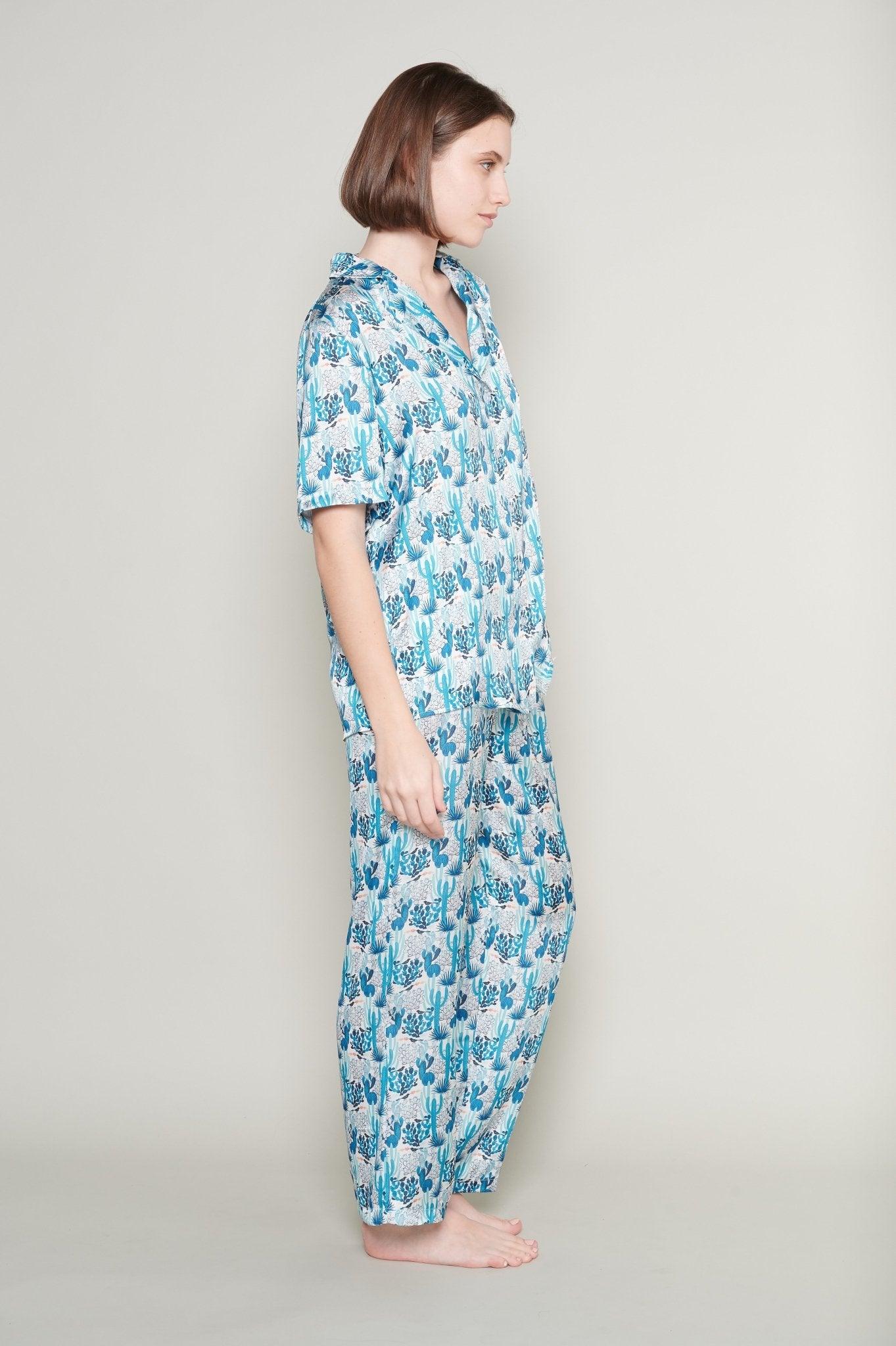 Blue - Charming Cactus Satin Pajama Set - NOWIHT - Pajamas