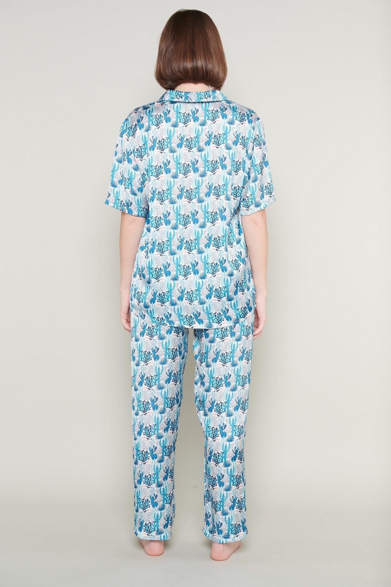 Blue - Charming Cactus Satin Pajama Set - NOWIHT - Pajamas