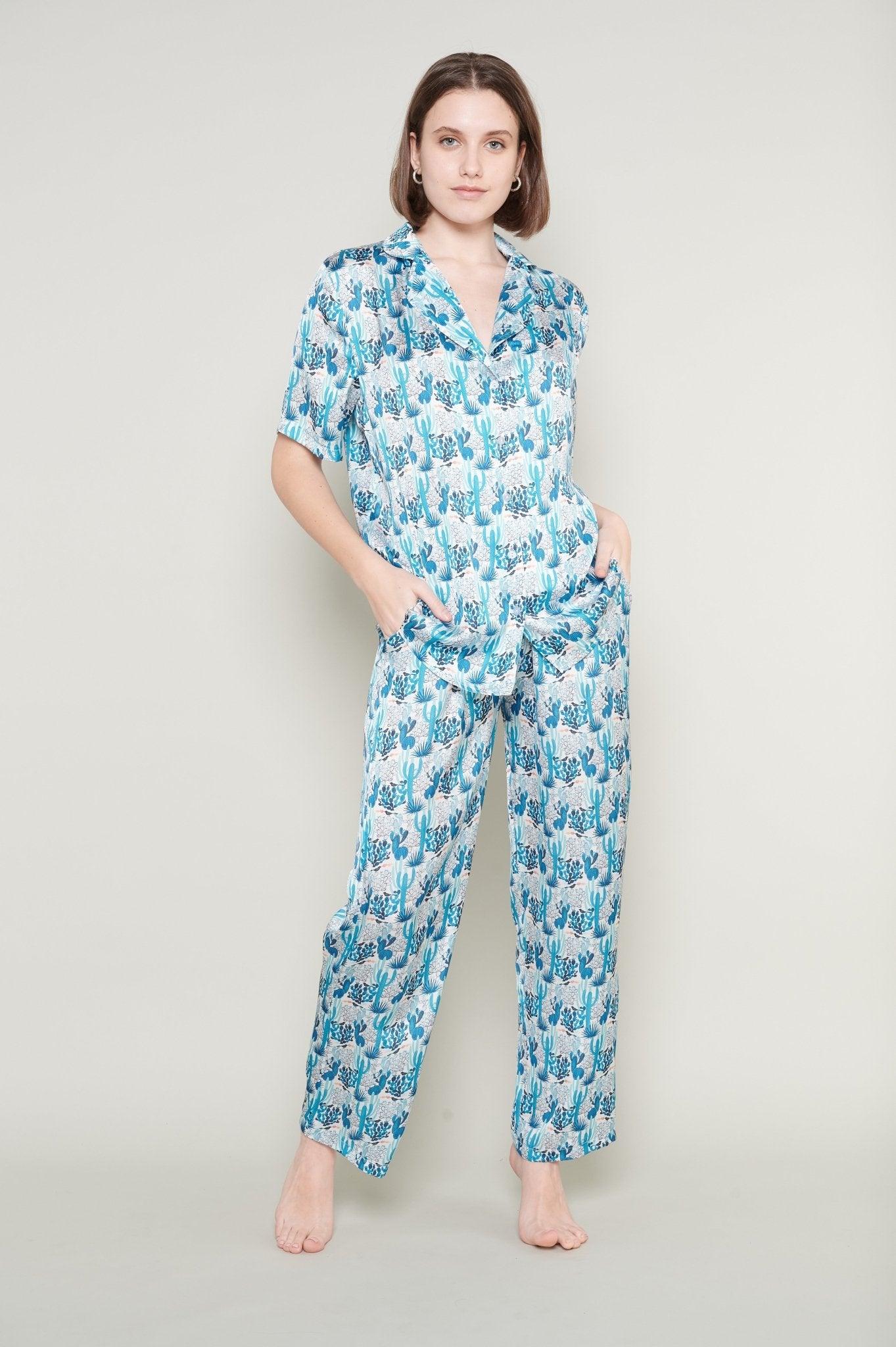 Blue - Charming Cactus Satin Pajama Set - NOWIHT - Pajamas