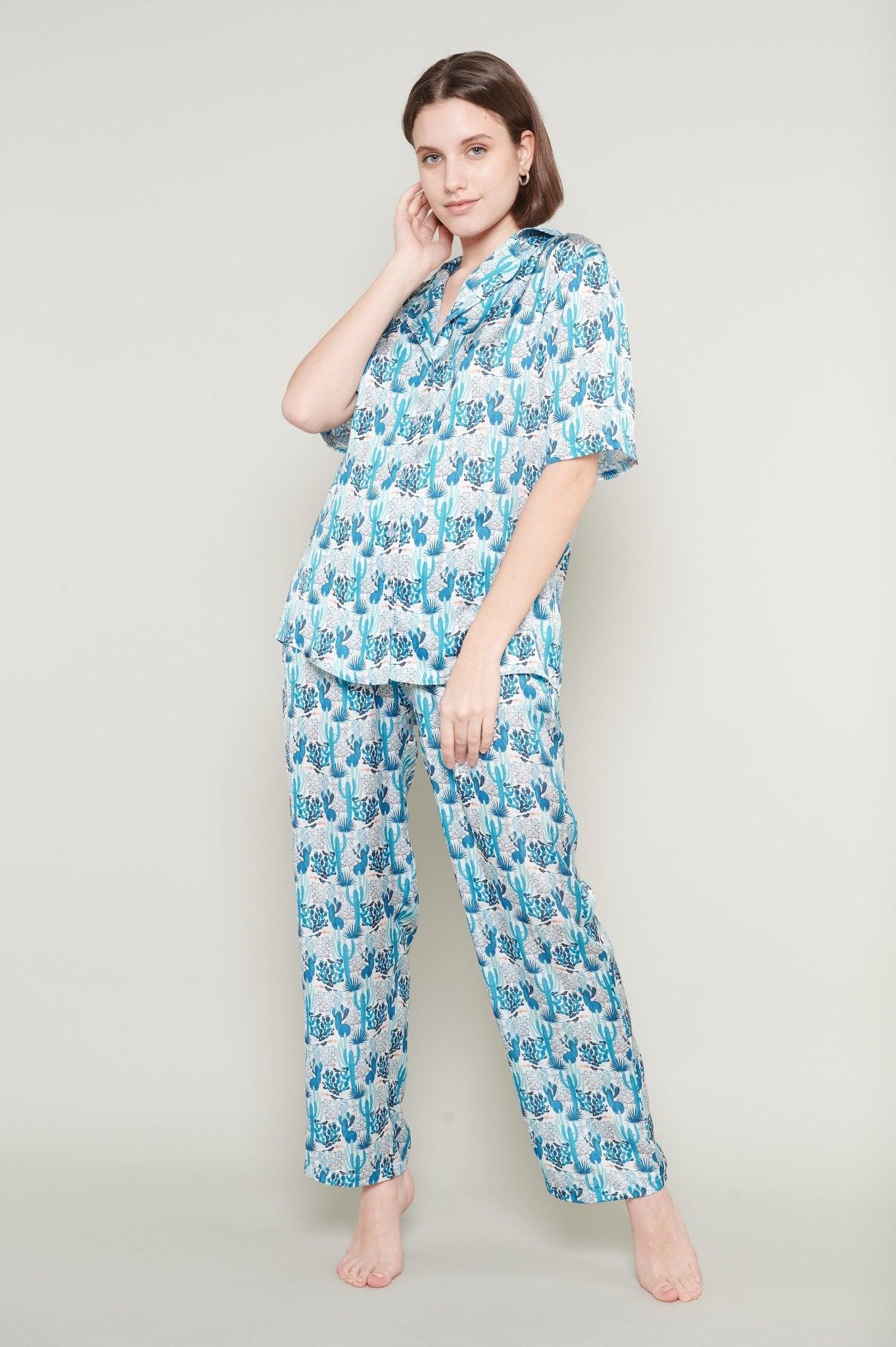 Blue - Charming Cactus Satin Pajama Set - NOWIHT - Pajamas