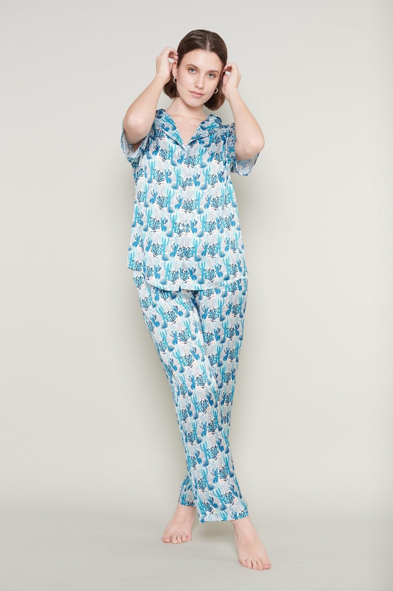 Blue - Charming Cactus Satin Pajama Set - NOWIHT - Pajamas