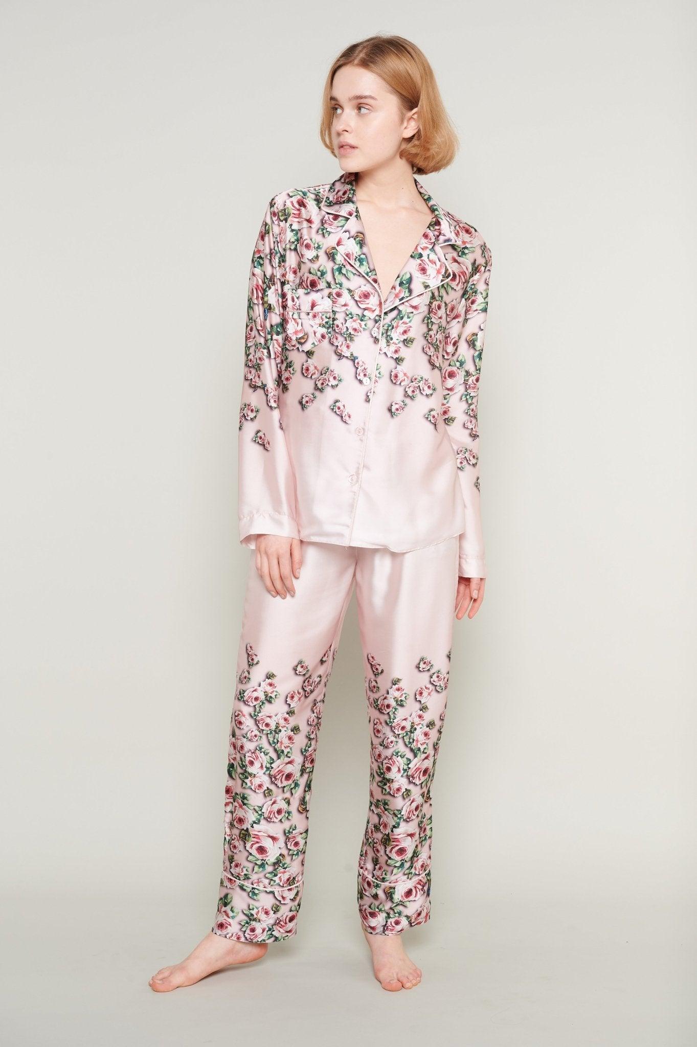 Brielle - Dusty Pink Rose and Butterfly Luxury Satin Pajama Set - NOWIHT - Pajama Set