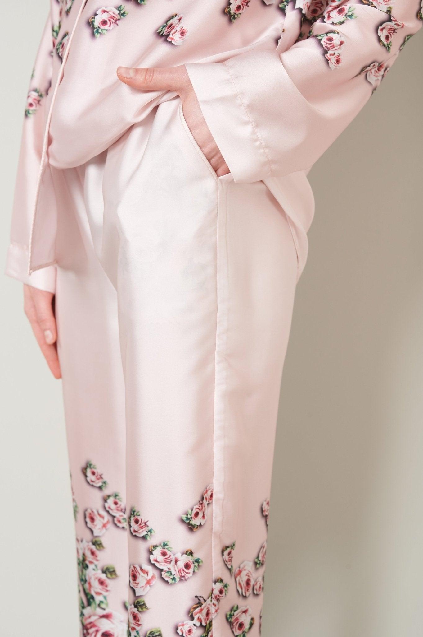 Brielle - Dusty Pink Rose and Butterfly Luxury Satin Pajama Set - NOWIHT - Pajama Set