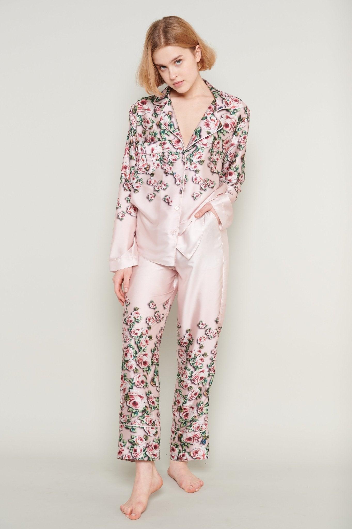 Brielle - Dusty Pink Rose and Butterfly Luxury Satin Pajama Set - NOWIHT - Pajama Set