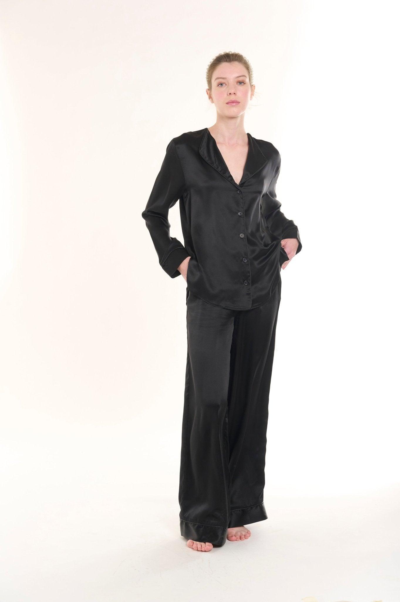 Calista - Classic Black Silk Pajama Set - NOWIHT - Pajama Set