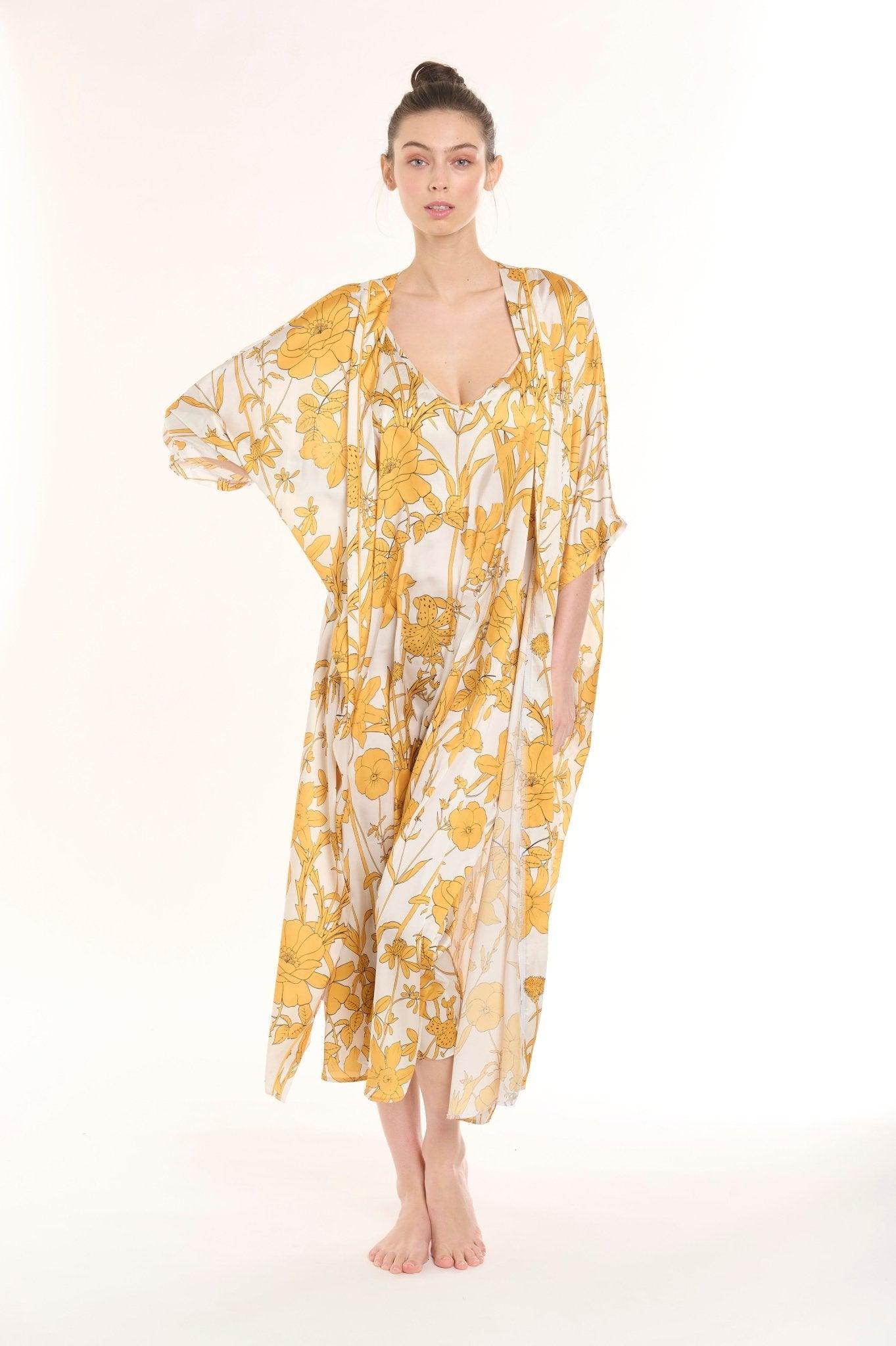 Camellia - Golden Blossom Satin Robe & Nightgown Set - NOWIHT - Pajamas