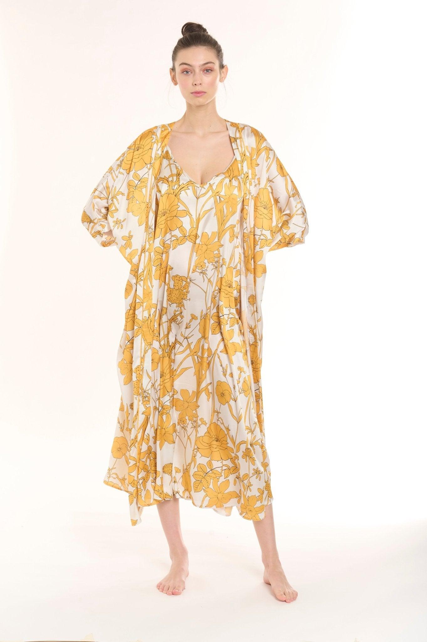 Camellia - Golden Blossom Satin Robe & Nightgown Set - NOWIHT - Pajamas