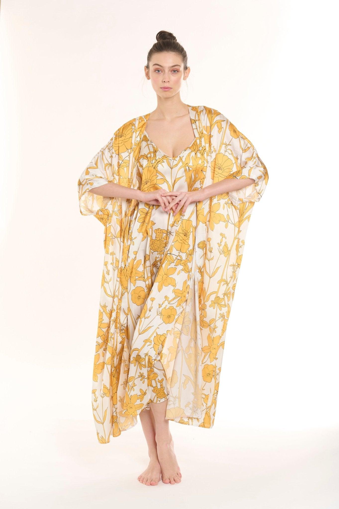 Camellia - Golden Blossom Satin Robe & Nightgown Set - NOWIHT - Pajamas