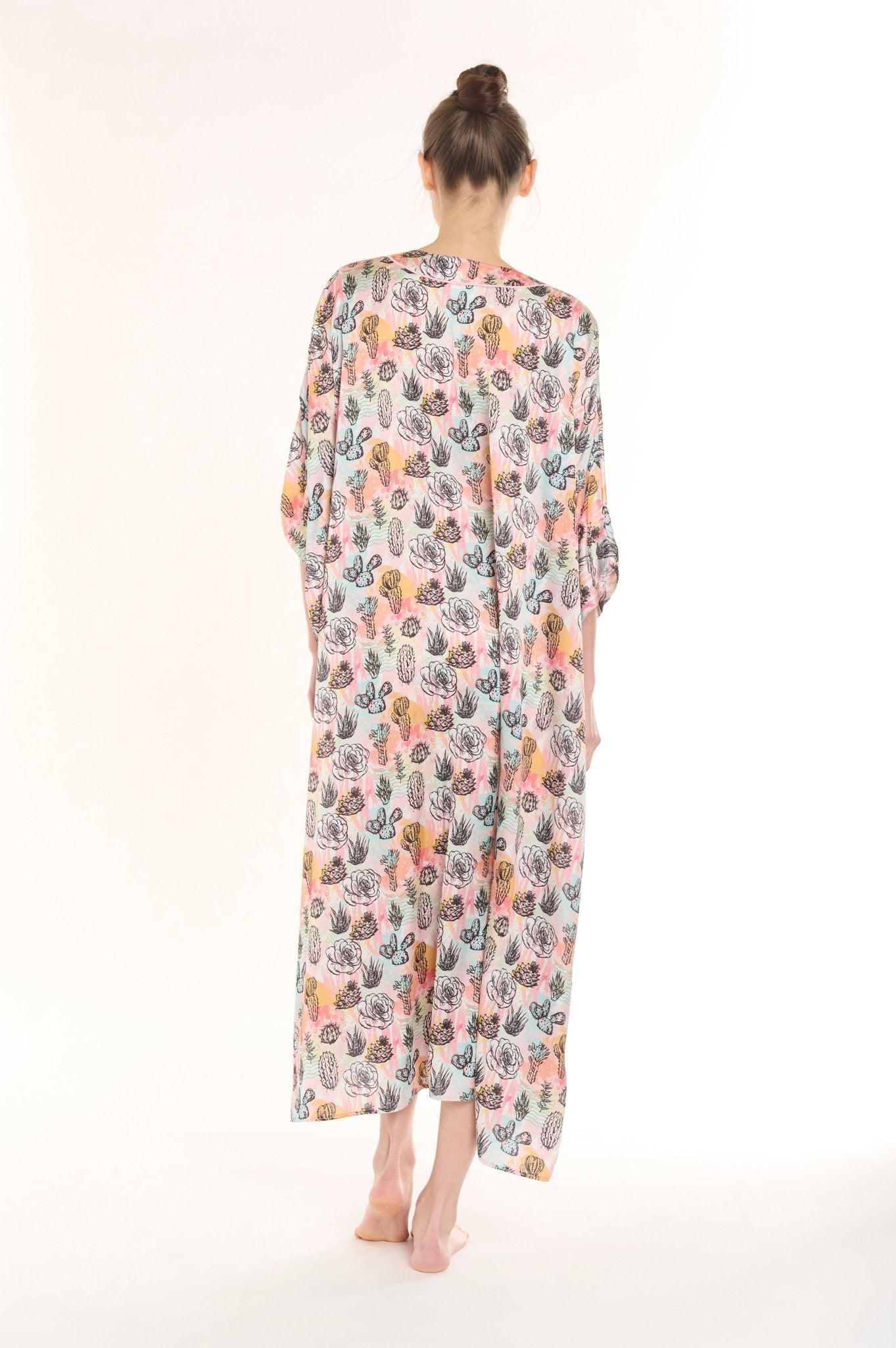 Camille - Multicolor Floral Cactus Satin Robe & Nightgown Set - NOWIHT - Pajamas