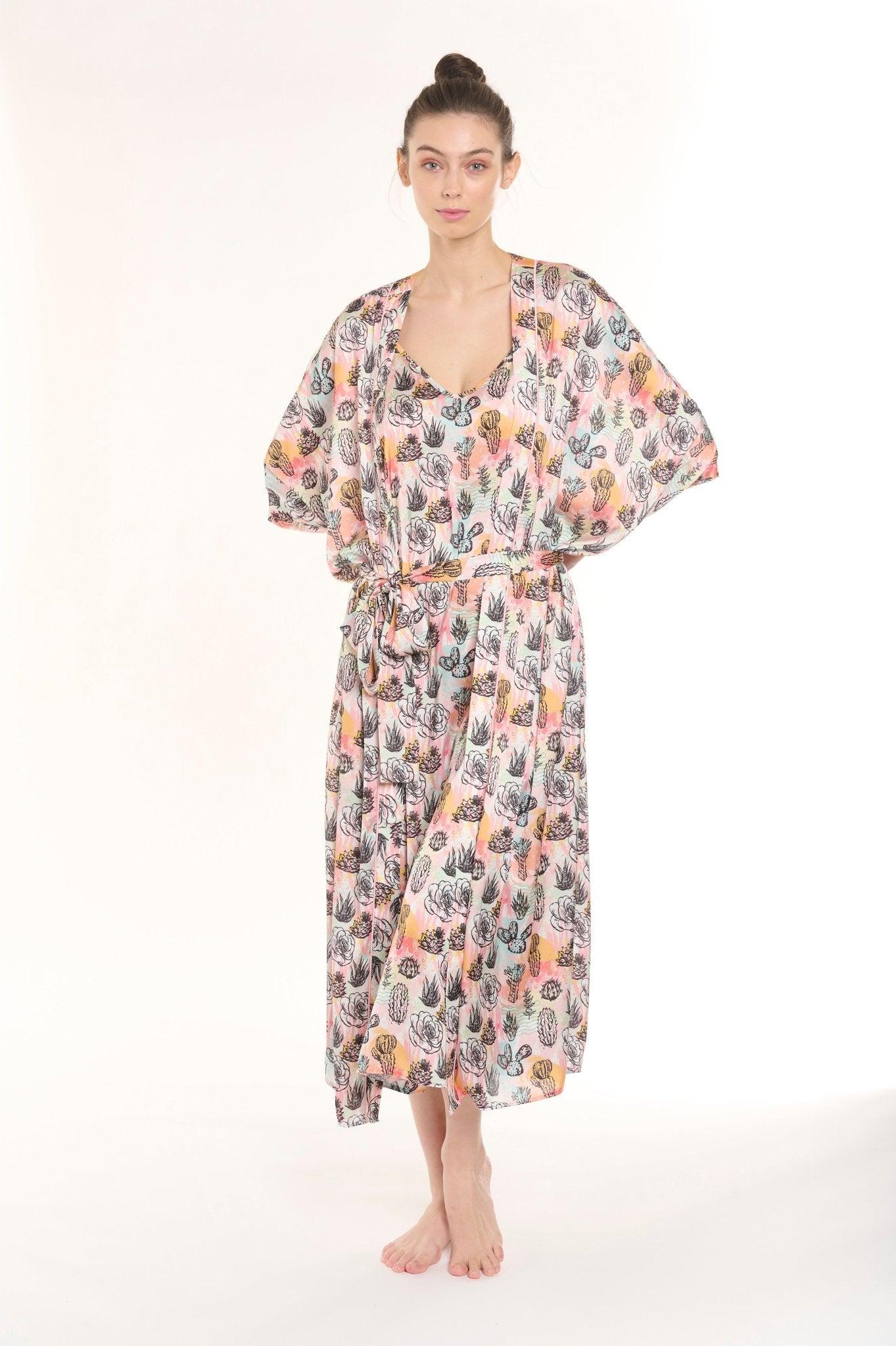 Camille - Multicolor Floral Cactus Satin Robe & Nightgown Set - NOWIHT - Pajamas