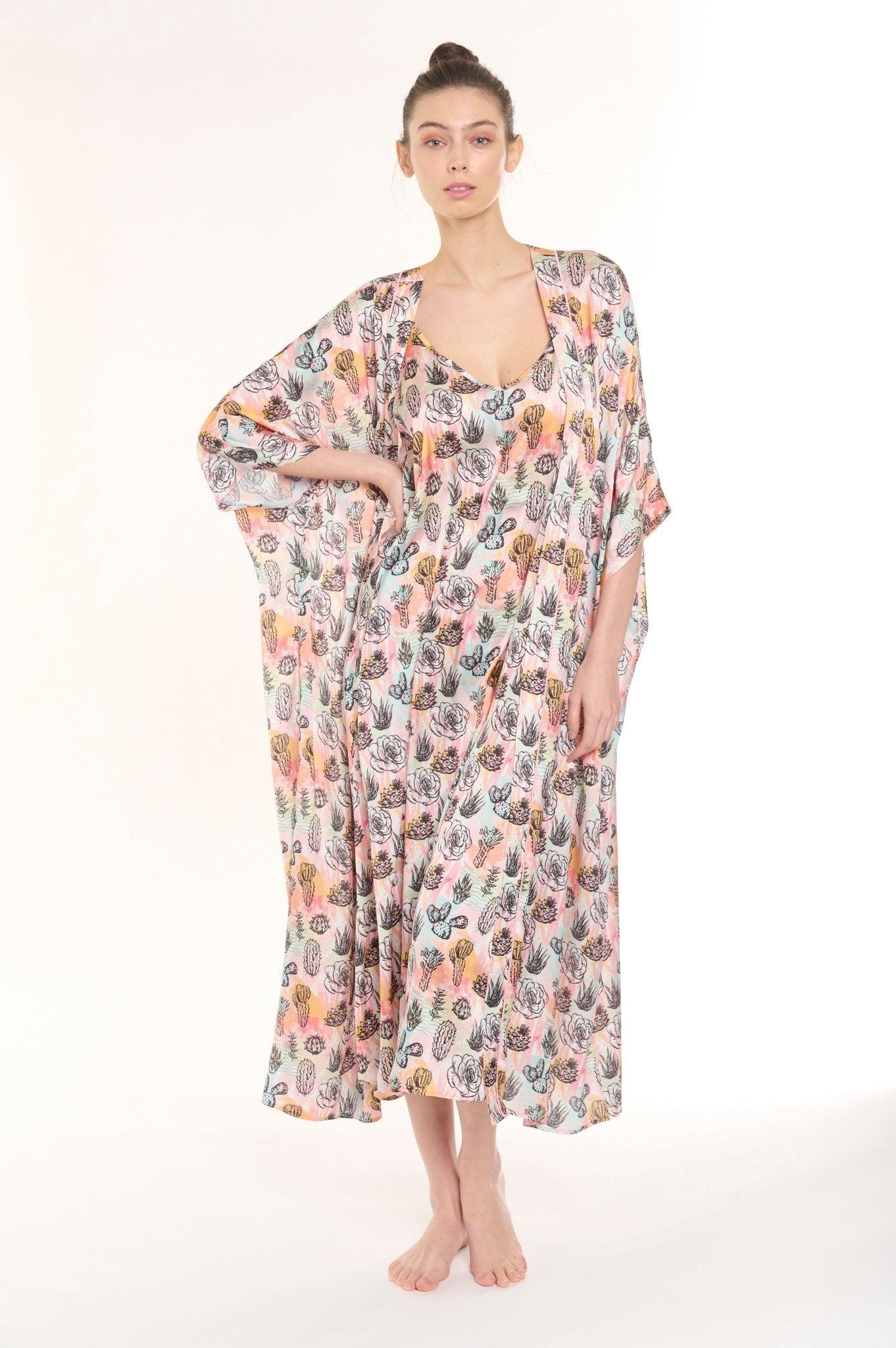 Camille - Multicolor Floral Cactus Satin Robe & Nightgown Set - NOWIHT - Pajamas