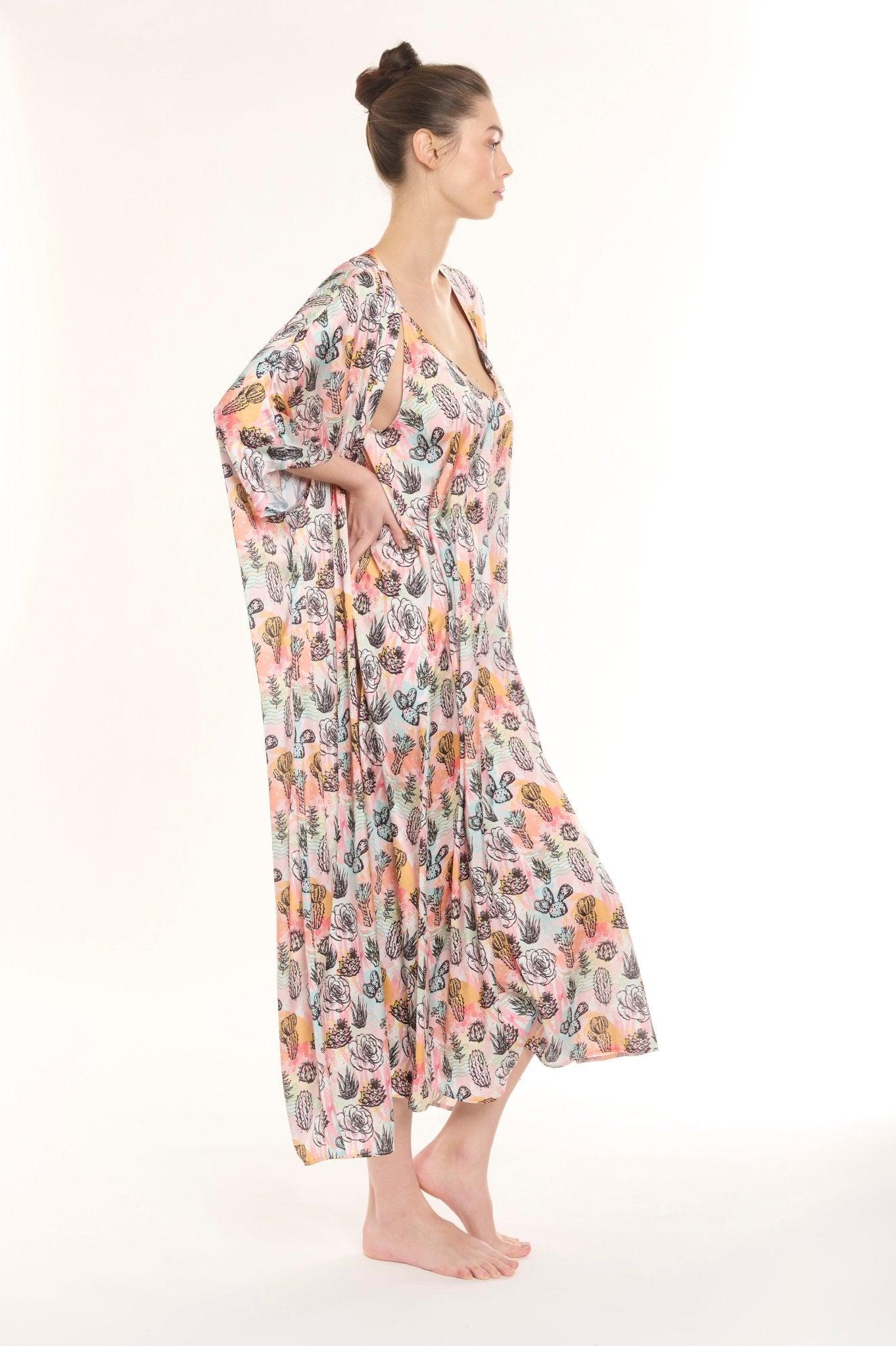 Camille - Multicolor Floral Cactus Satin Robe & Nightgown Set - NOWIHT - Pajamas