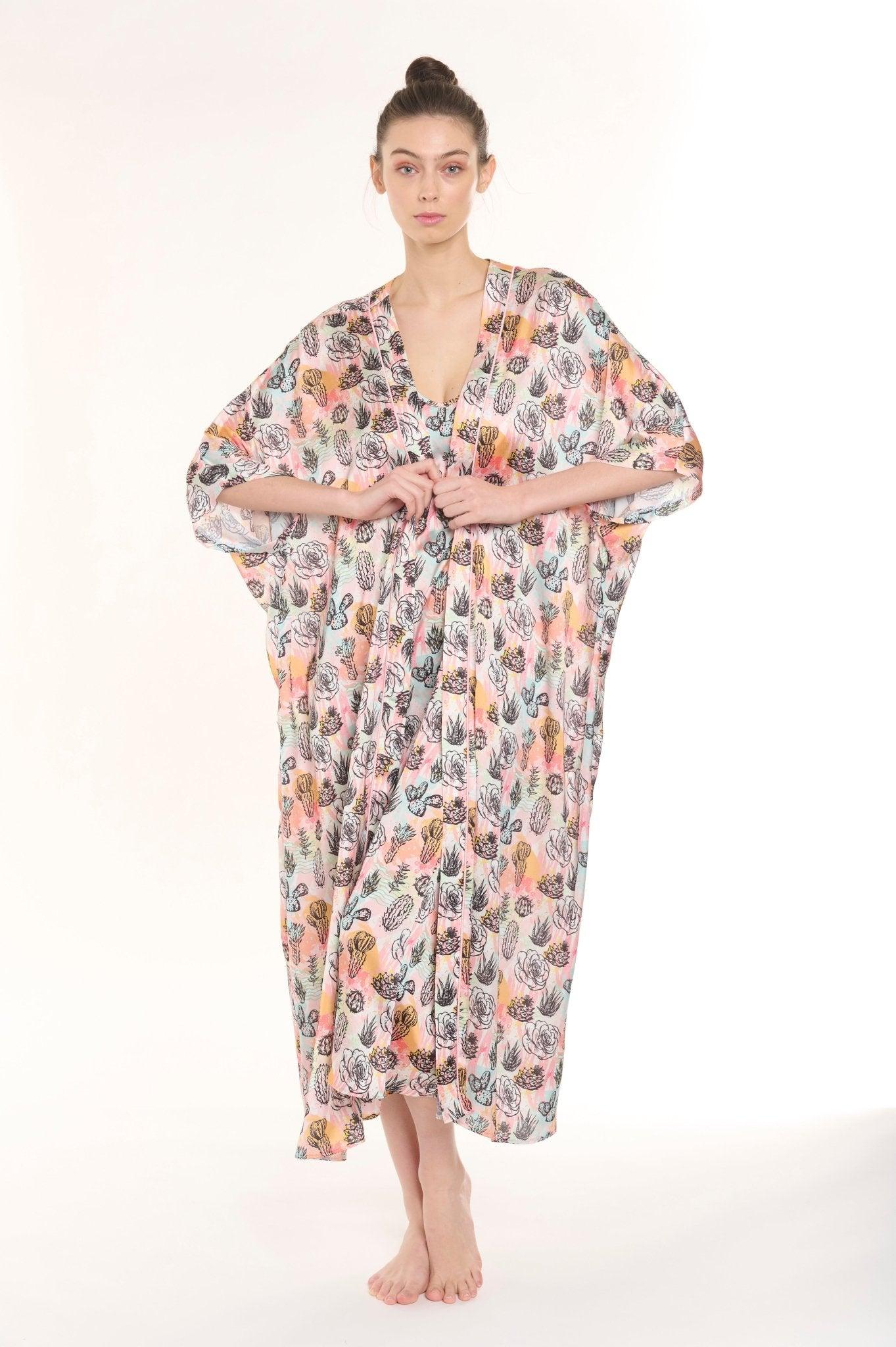 Camille - Multicolor Floral Cactus Satin Robe & Nightgown Set - NOWIHT - Pajamas