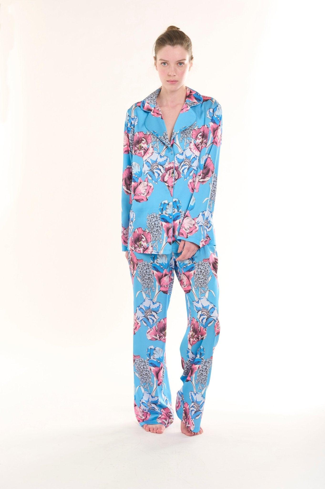 Celeste - Serene Blue Blossom Satin Pajama Set - NOWIHT - Pajama Set