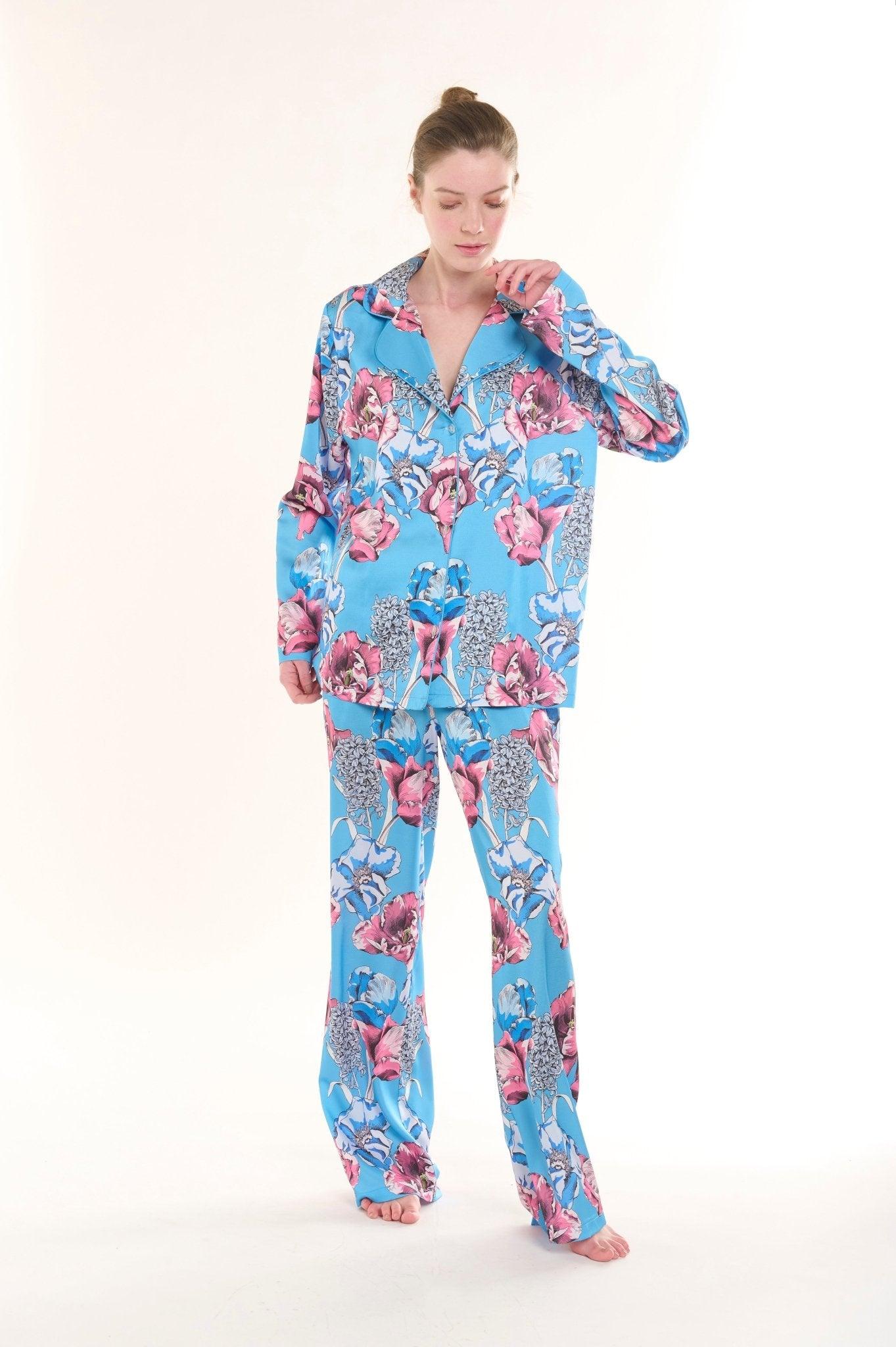 Celeste - Serene Blue Blossom Satin Pajama Set - NOWIHT - Pajama Set