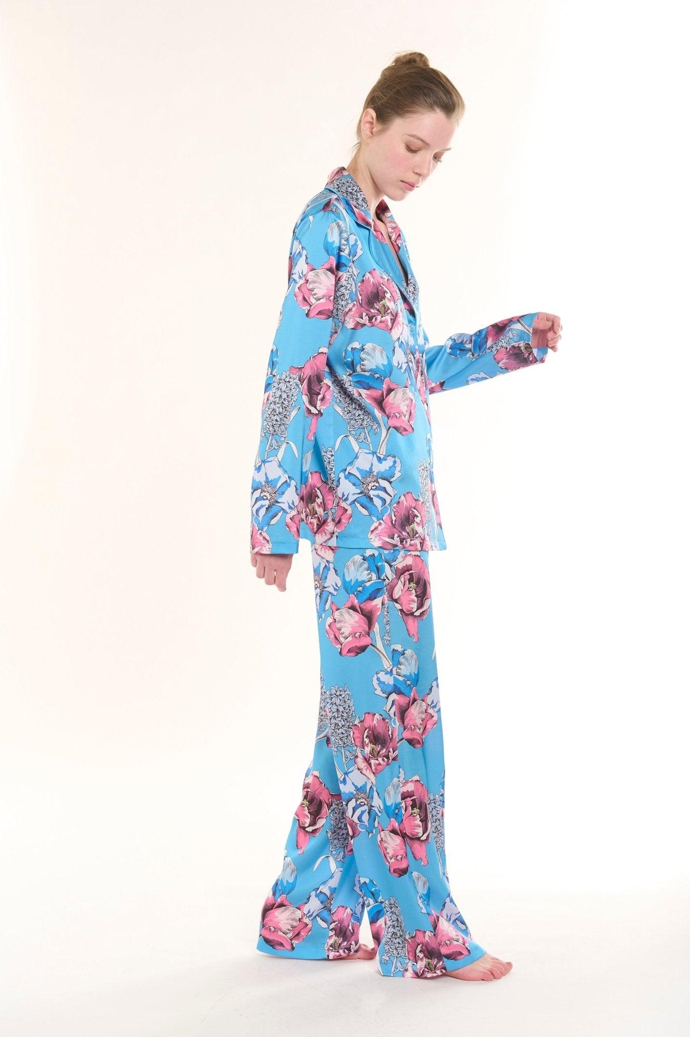 Celeste - Serene Blue Blossom Satin Pajama Set - NOWIHT - Pajama Set