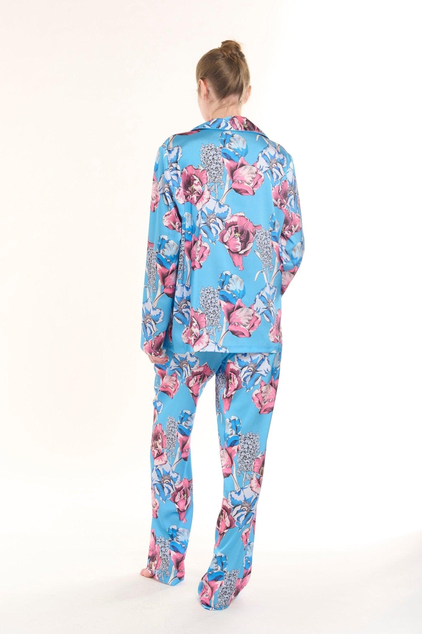 Celeste - Serene Blue Blossom Satin Pajama Set - NOWIHT - Pajama Set