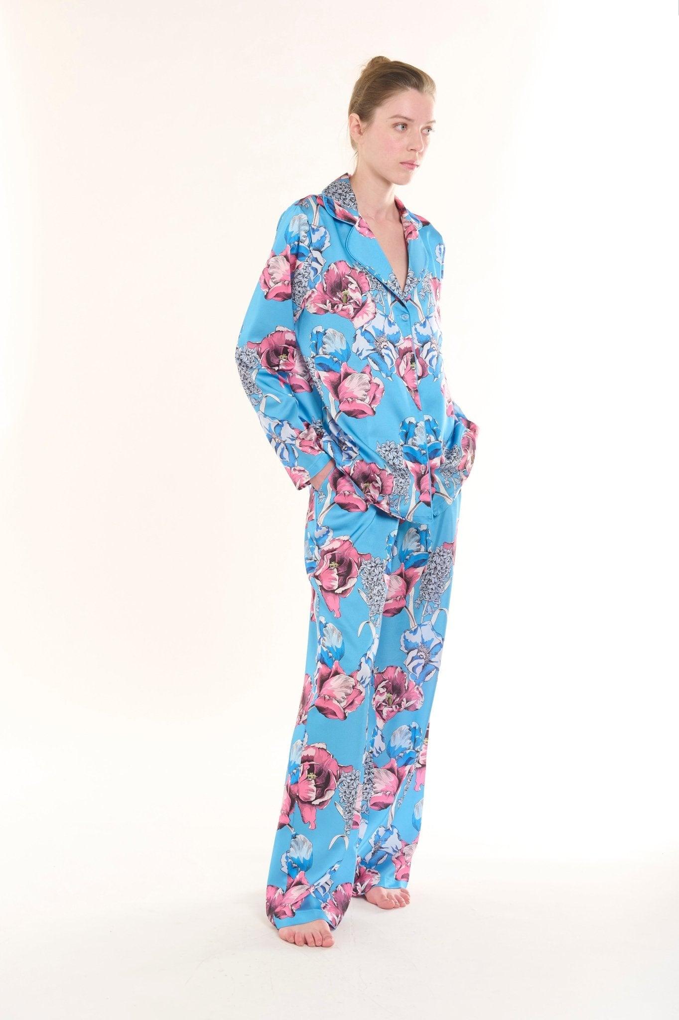 Celeste - Serene Blue Blossom Satin Pajama Set - NOWIHT - Pajama Set