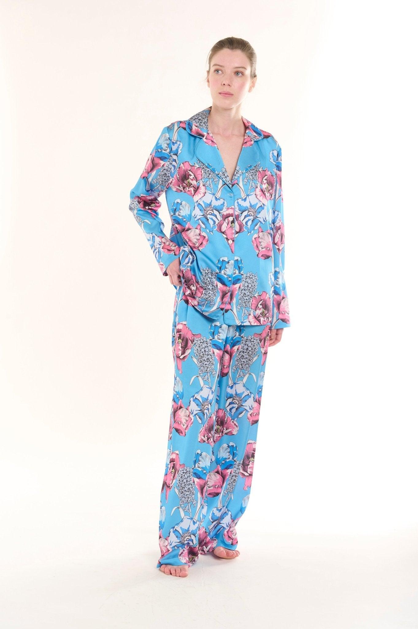 Celeste - Serene Blue Blossom Satin Pajama Set - NOWIHT - Pajama Set