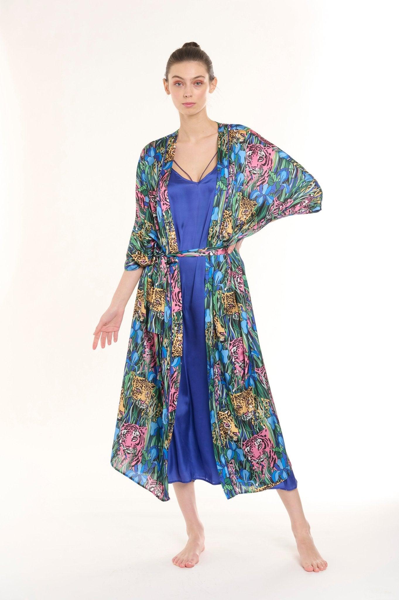 Celina - Teal Leopard Satin Robe & Nightgown Set - NOWIHT - Pajamas