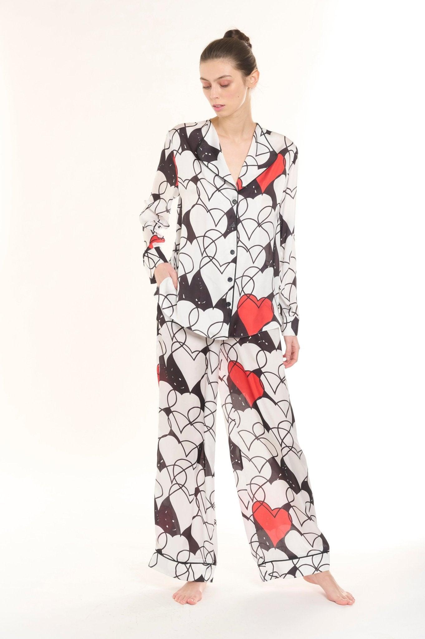 Clara - Modern White Abstract Hearts Satin Pajama Set - NOWIHT - Pajama Set