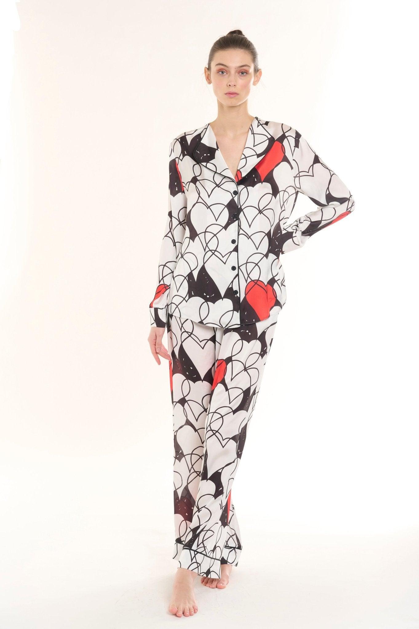 Clara - Modern White Abstract Hearts Satin Pajama Set - NOWIHT - Pajama Set