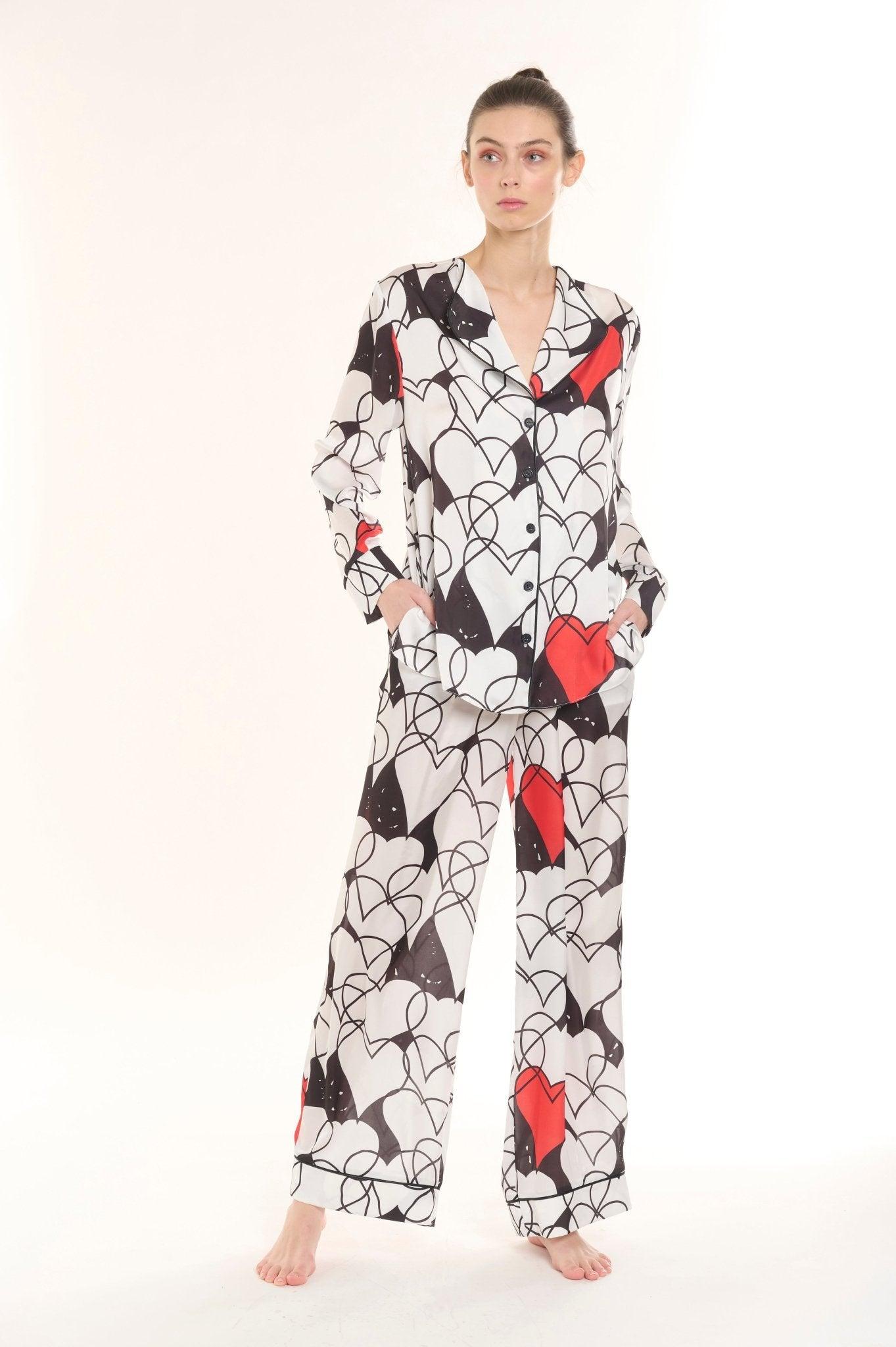 Clara - Modern White Abstract Hearts Satin Pajama Set - NOWIHT - Pajama Set