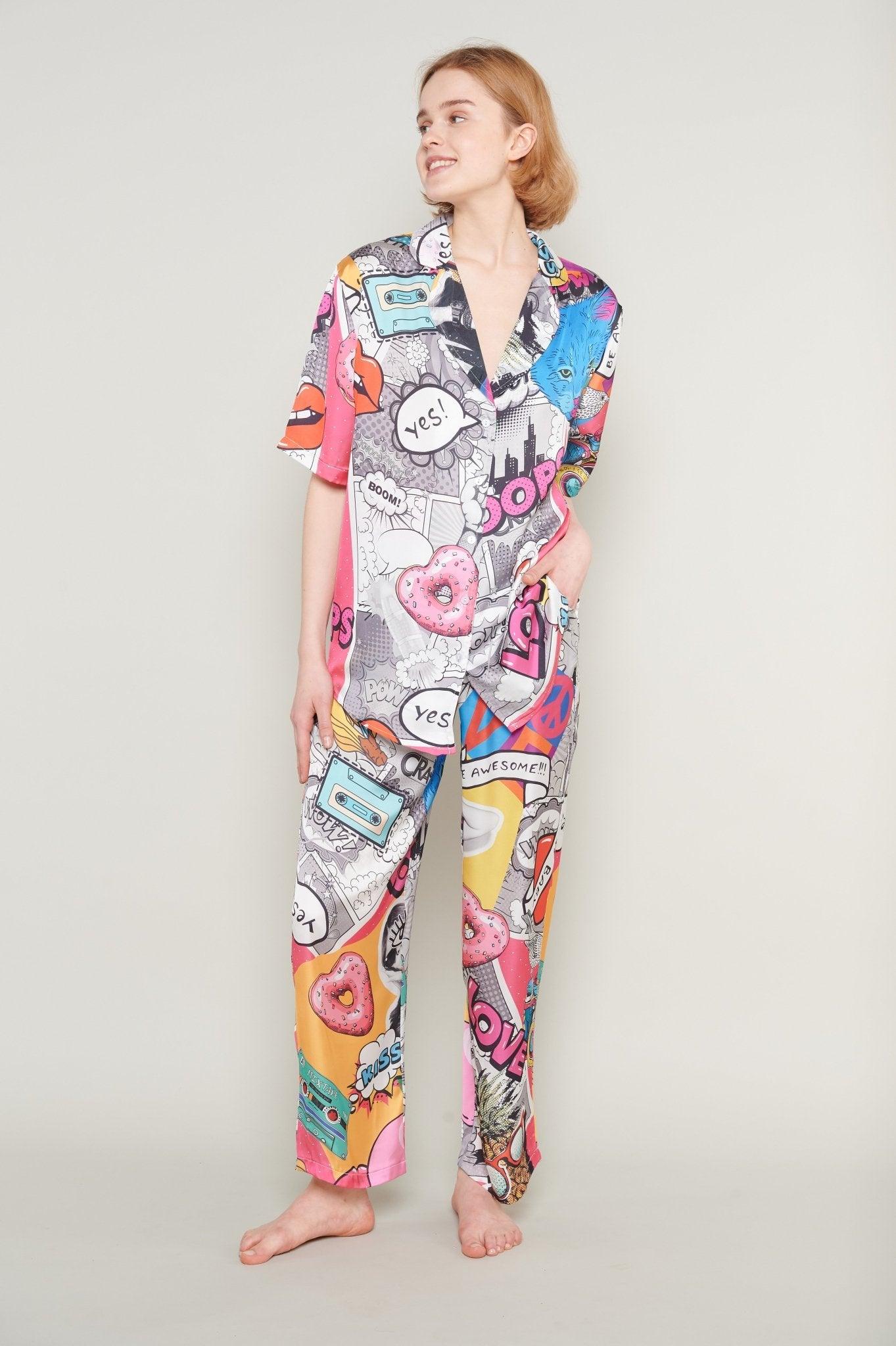 Diana - Pop Art Explosion Satin Pajama Set - NOWIHT - Pajamas