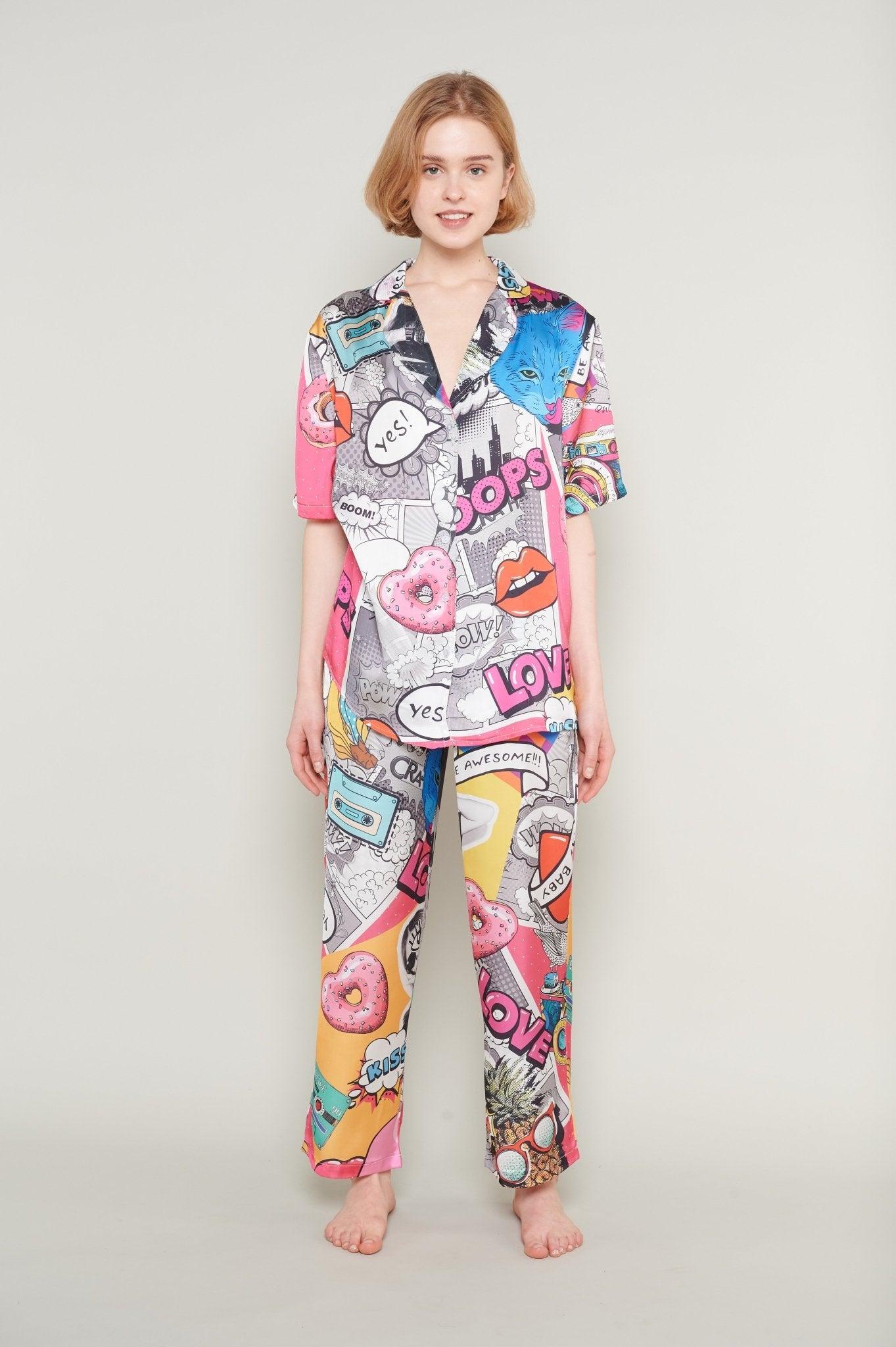 Diana - Pop Art Explosion Satin Pajama Set - NOWIHT - Pajamas