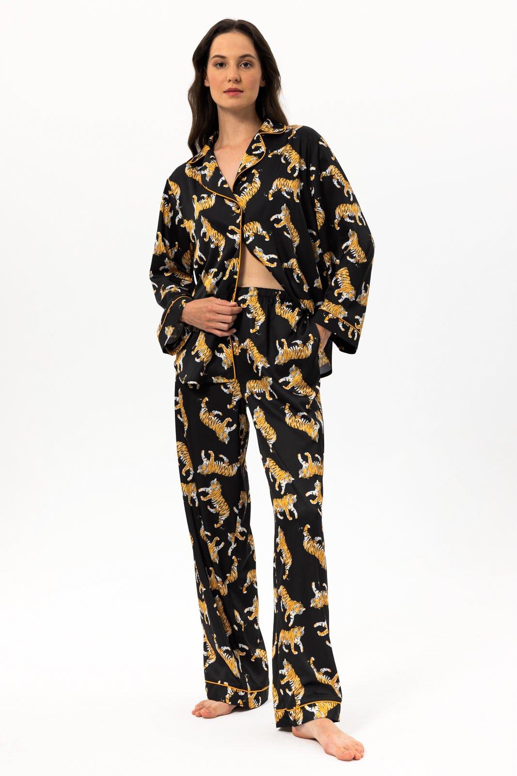 Elara - Wild Tiger Satin Pajama Set - NOWIHT - Pajama Set