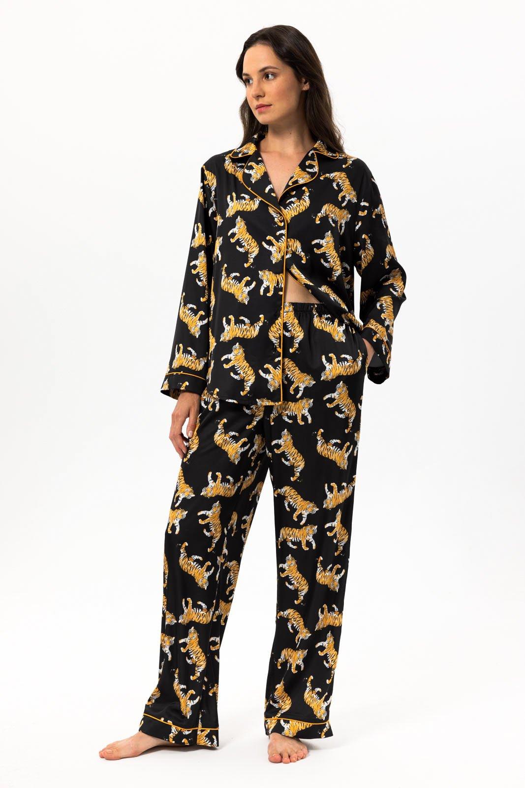 Elara - Wild Tiger Satin Pajama Set - NOWIHT - Pajama Set