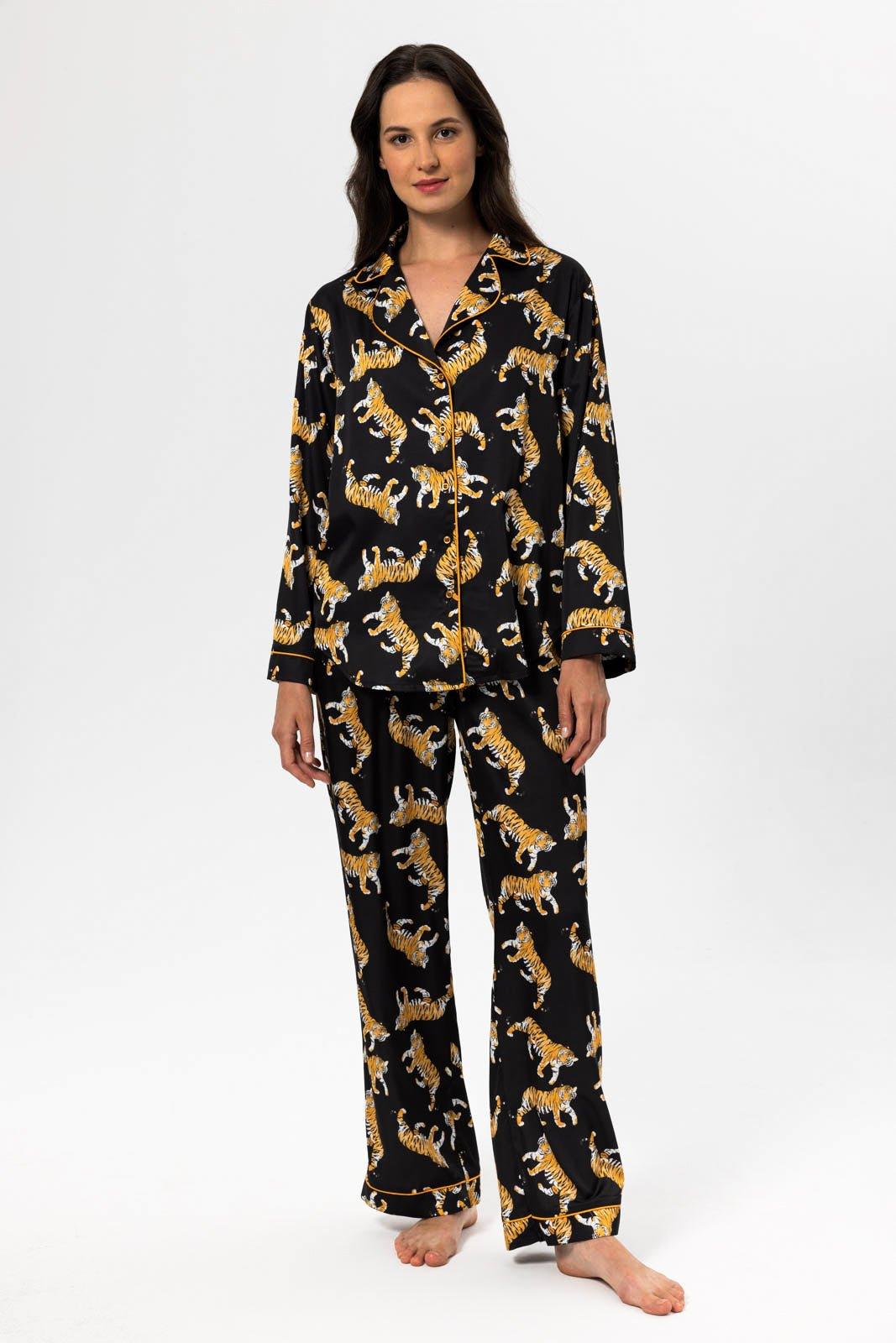 Elara - Wild Tiger Satin Pajama Set - NOWIHT - Pajama Set