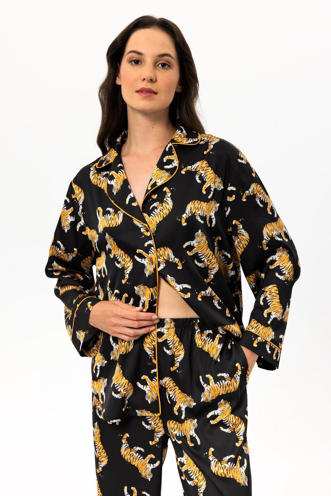 Elara - Wild Tiger Satin Pajama Set - NOWIHT - Pajama Set