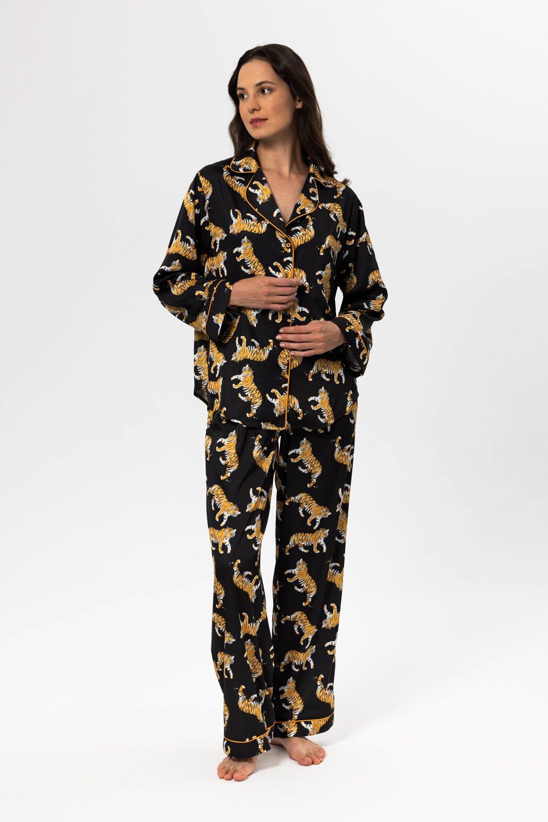 Elara - Wild Tiger Satin Pajama Set - NOWIHT - Pajama Set