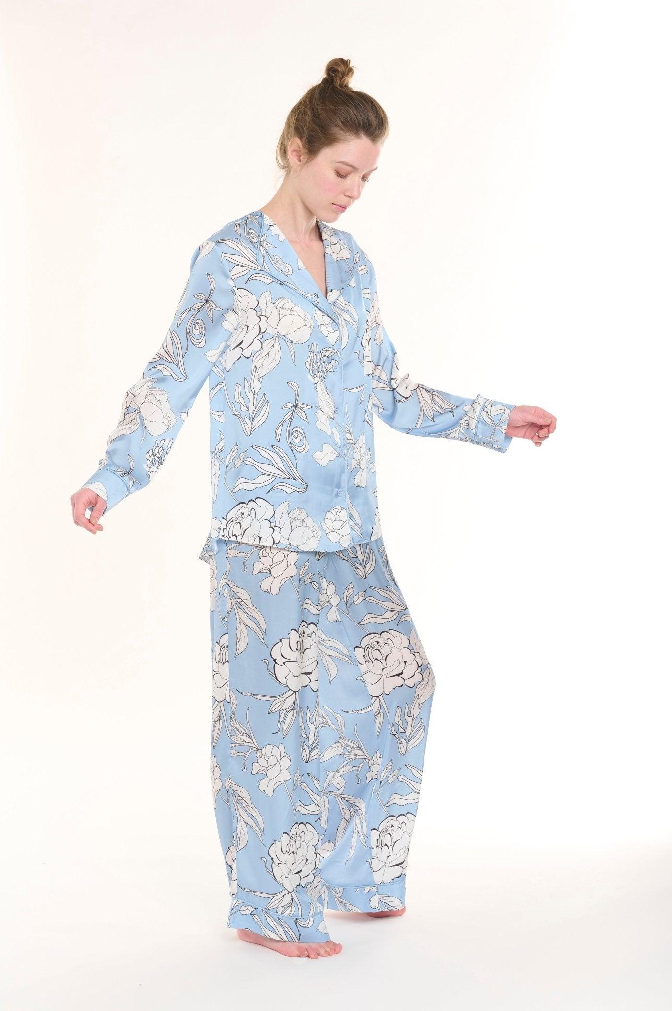 Elena - Serene Baby Blue Floral Satin Pajama Set - NOWIHT - Pajama Set