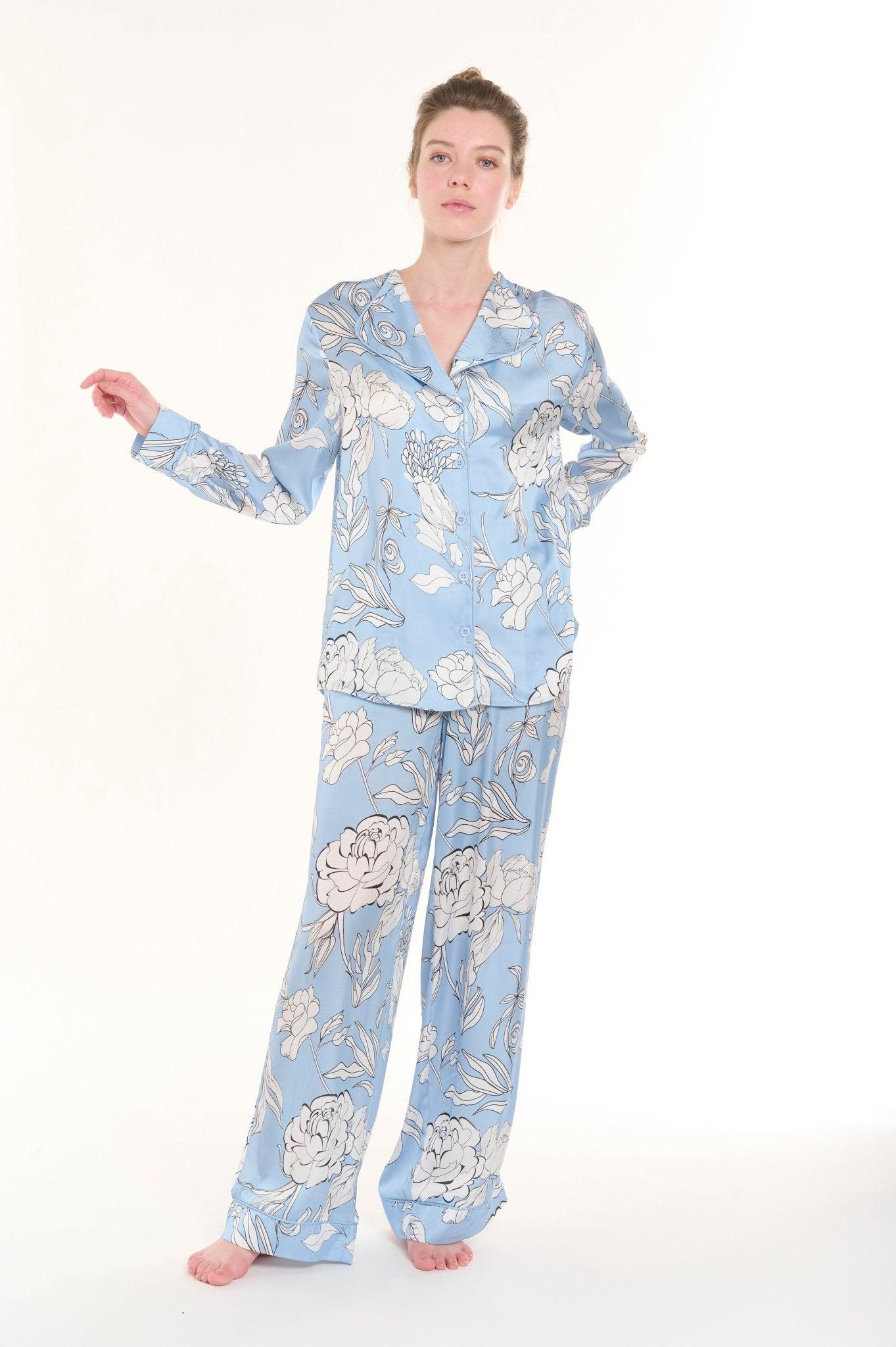 Elena - Serene Baby Blue Floral Satin Pajama Set - NOWIHT - Pajama Set