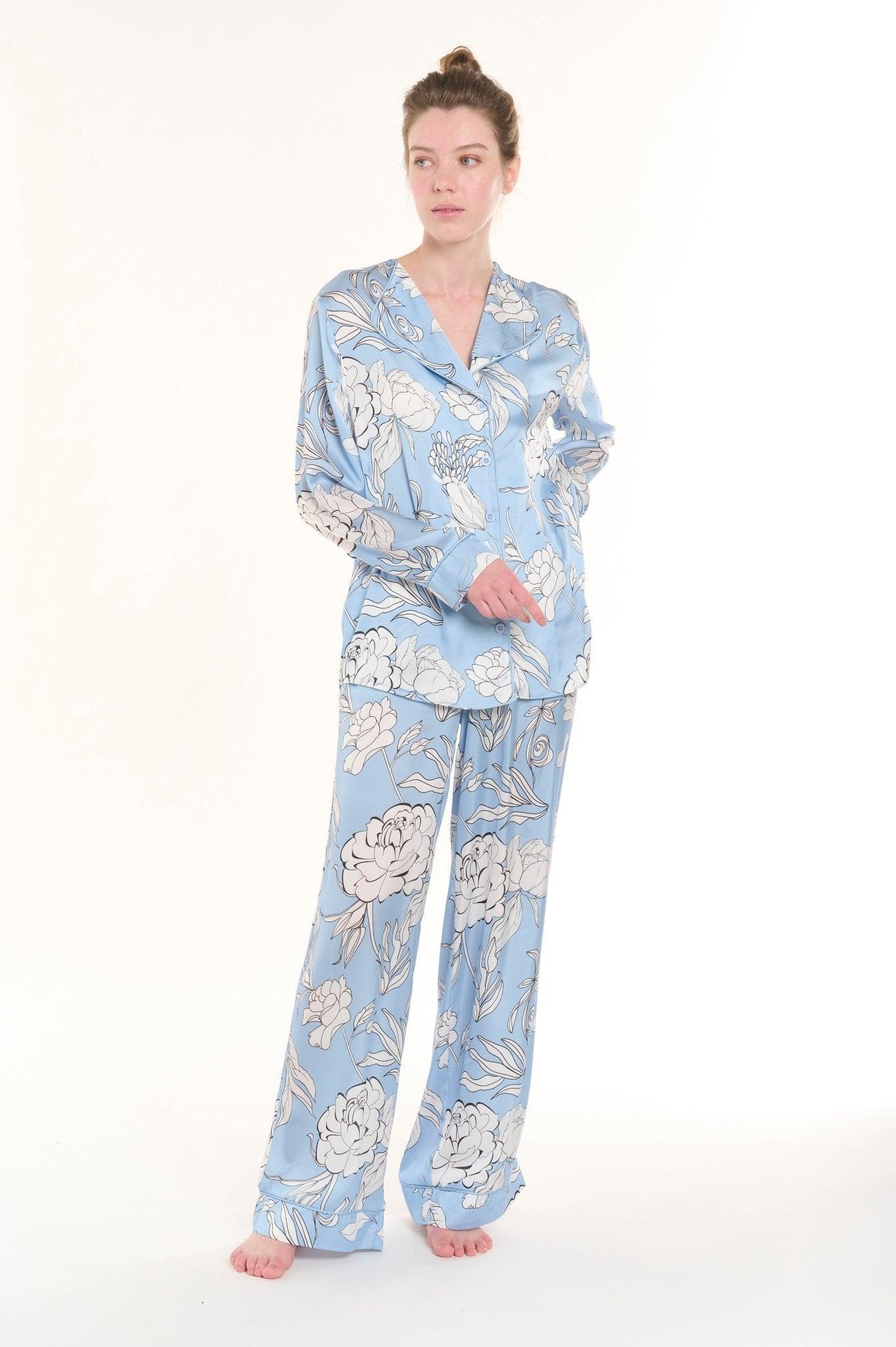 Elena - Serene Baby Blue Floral Satin Pajama Set - NOWIHT - Pajama Set