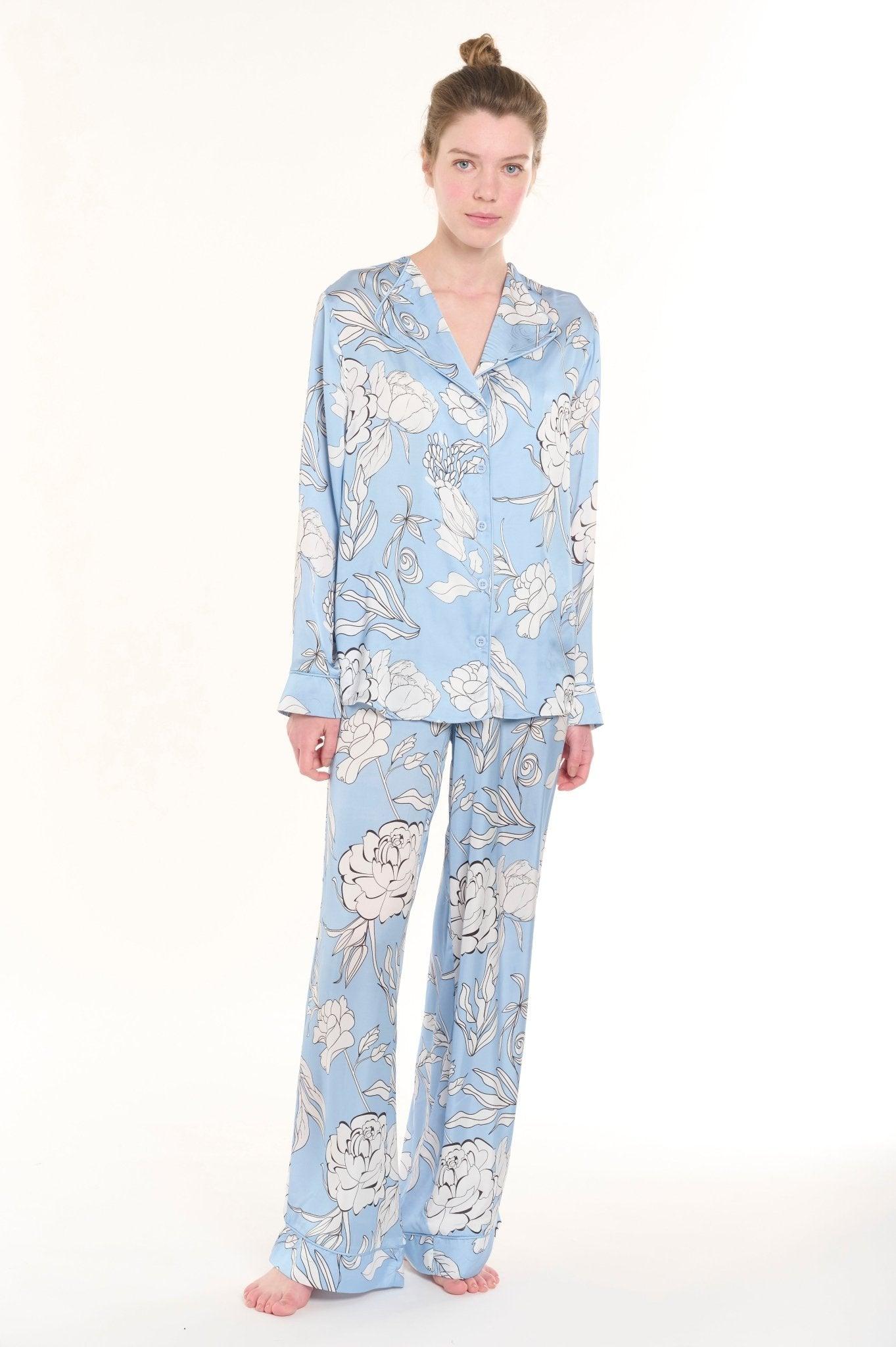 Elena - Serene Baby Blue Floral Satin Pajama Set - NOWIHT - Pajama Set